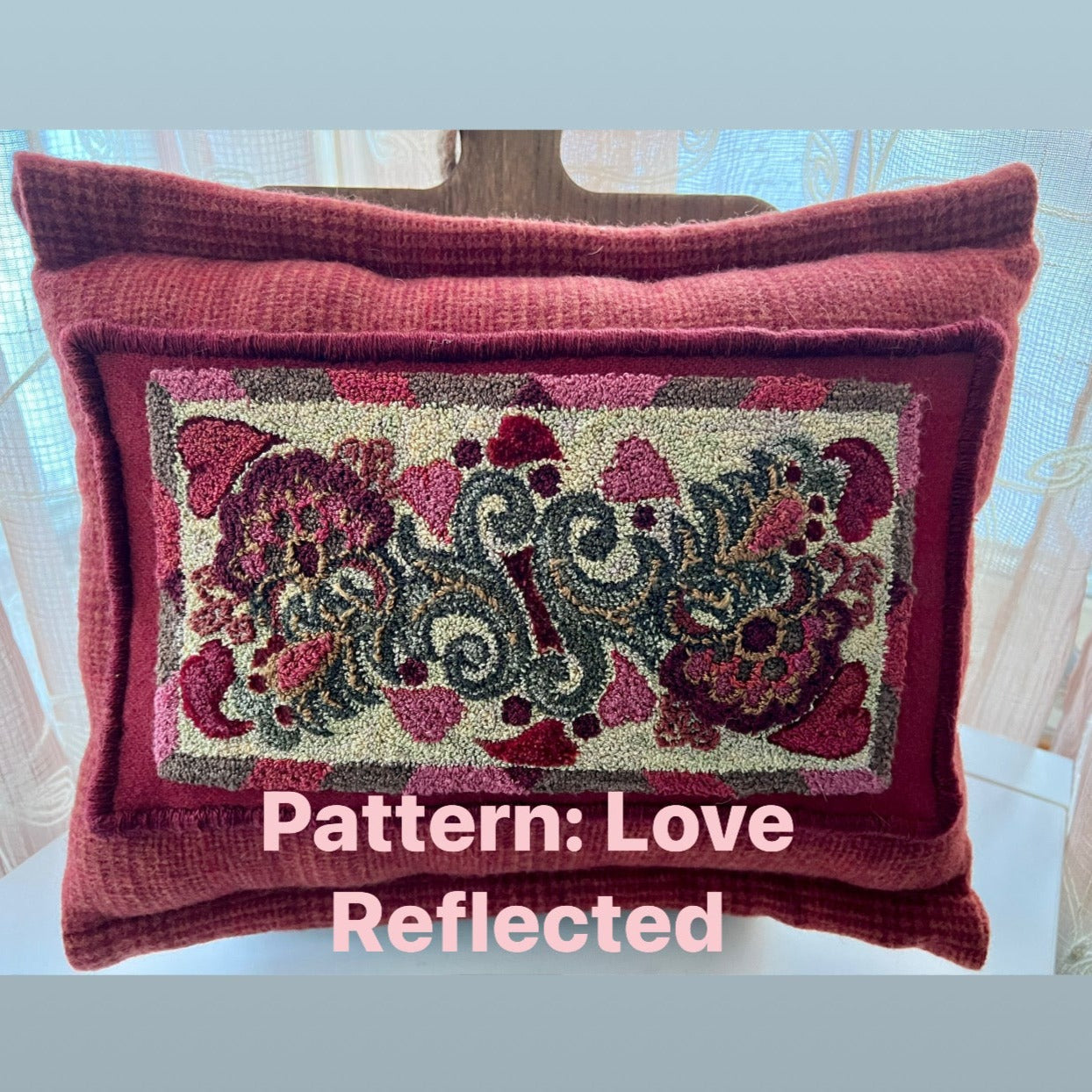  Love Reflected- Punch Needle Pattern by Orphaned Wool. This pattern is available as a paper pattern and as a pattern on weavers cloth. A lovely floral and hearts pattern to everyone to enjoy.