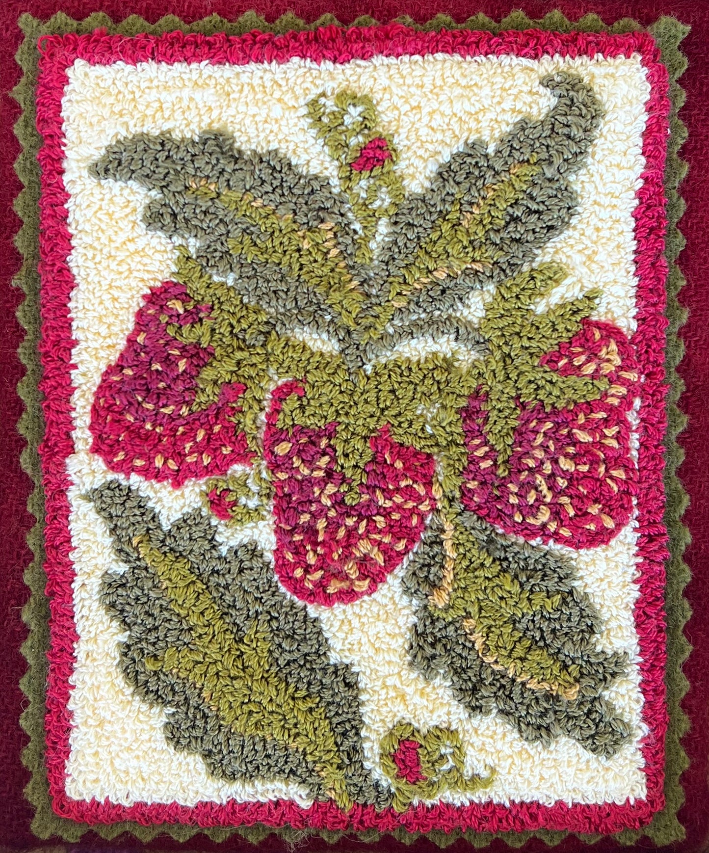 Strawberry Trio-Punch Needle Pattern With Thread Kit by Orphaned Wool. Pattern available as a Paper or Cloth Pattern. Copyright 2023 Kelly Kanyok