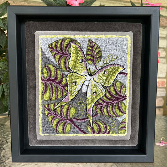 Luna Moth Needle Punch Pattern with custom thread kit by Orphaned Wool, Copyright © 2023 Kelly Kanyok. This pattern of a Luna Moth within the leaves is available as a Paper or Cloth pattern.