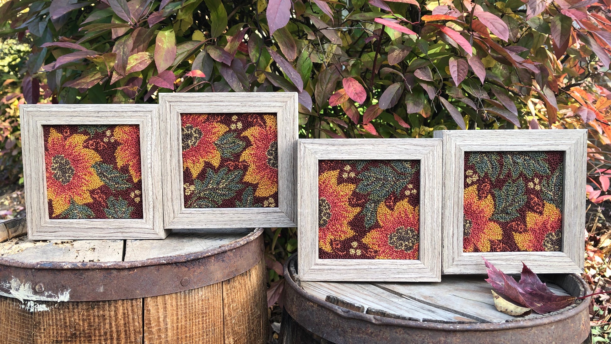  Autumn Glow- Punch Needle Pattern (set of 4) with DMC thread Kit by Orphaned Wool. This is a lovely set of 4 punch needle pattern designed to fit into a 4 x 4 frames. Copyright 2021 Kelly Kanyok- All Rights Reserved.