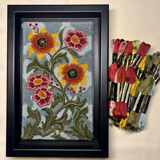 Autumn Sky- Floral Paper or Cloth Pattern Punch Needle Pattern with 25 piece DMC thread kit by Orphaned Wool.