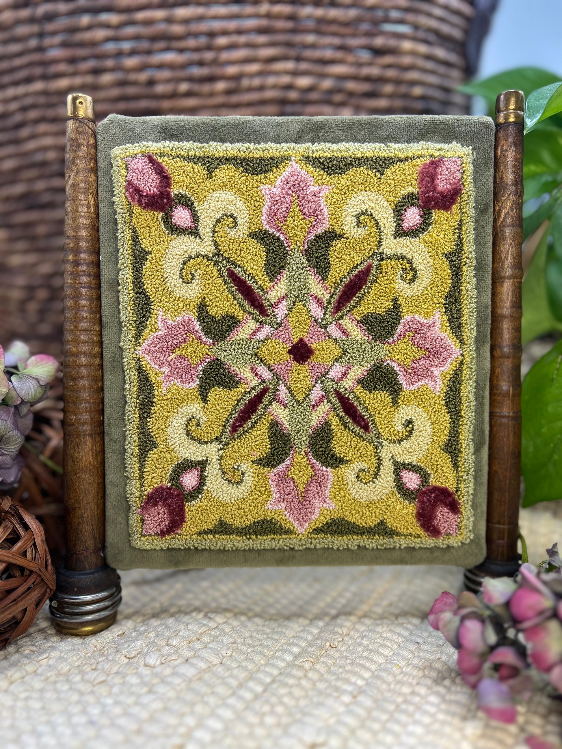 This Pattern: Rosy Spring, a Punch Needle Pattern by Orphaned Wool. This pattern features a soft pastel color palette in a lovely geometric design. Copyright 2023 Kelly Kanyok