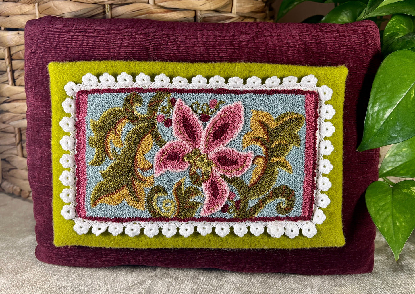 The Vines of Summer is a beautiful Punch Needle Embroidery pattern by Orphaned Wool. This pattern is available in a paper or cloth pattern options. Copyright 2023 Kelly Kanyok Orphaned Wool.