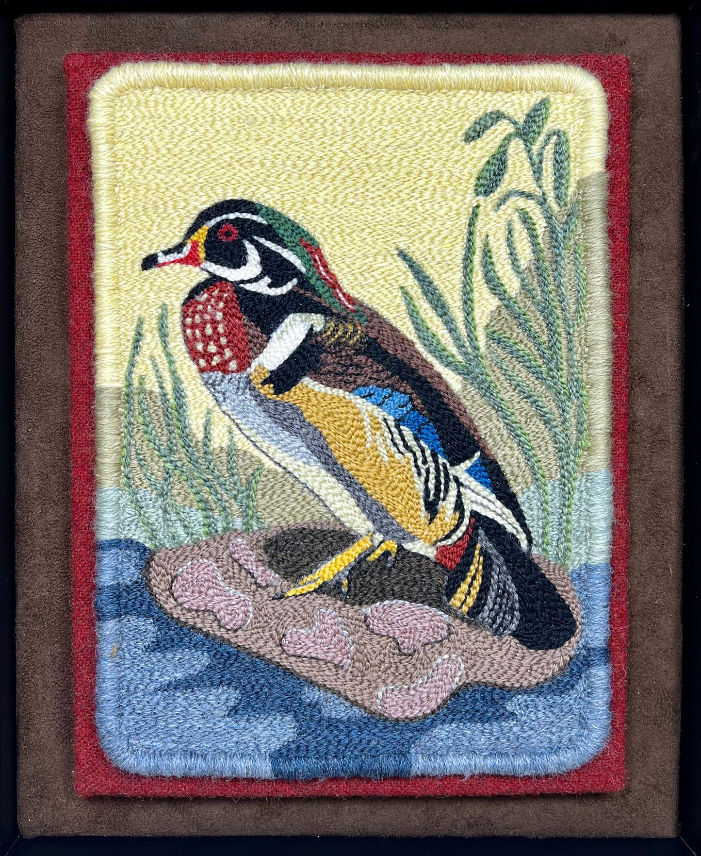 Wood Duck Punch Needle Embroidery Pattern by Orphaned Wool, Copyright 2025 Kelly Kanyok - This design showcases a male wood duck in a pond.