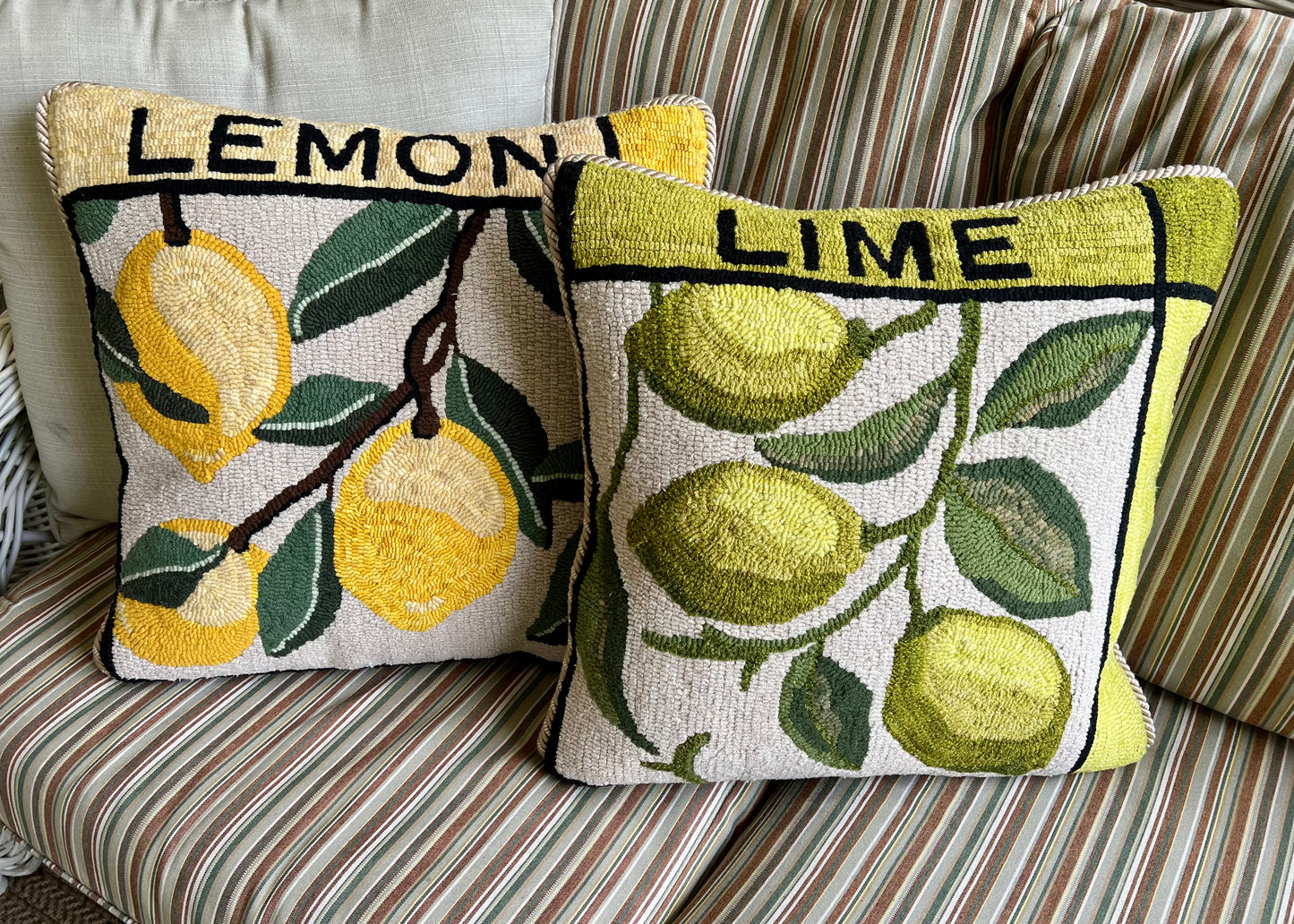 Featuring the Lemon and Lime design rug hooking patterns by Orphaned Wool, copyright Kelly Kanyok 2025. rug hooking pattern sold separately