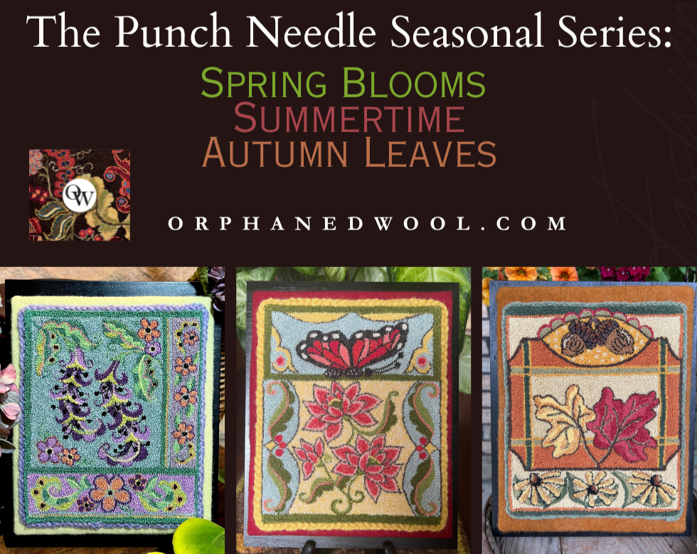 Autumn Leaves Punch Needle Pattern by Orphaned Wool. This is the third pattern in the series of four seasonal patterns. Choose a Paper or Cloth Pattern, both include a full-color thread placement guide for easy visual reference to the pattern colors. Copyright 2022 Kelly Kanyok / Orphaned Wool