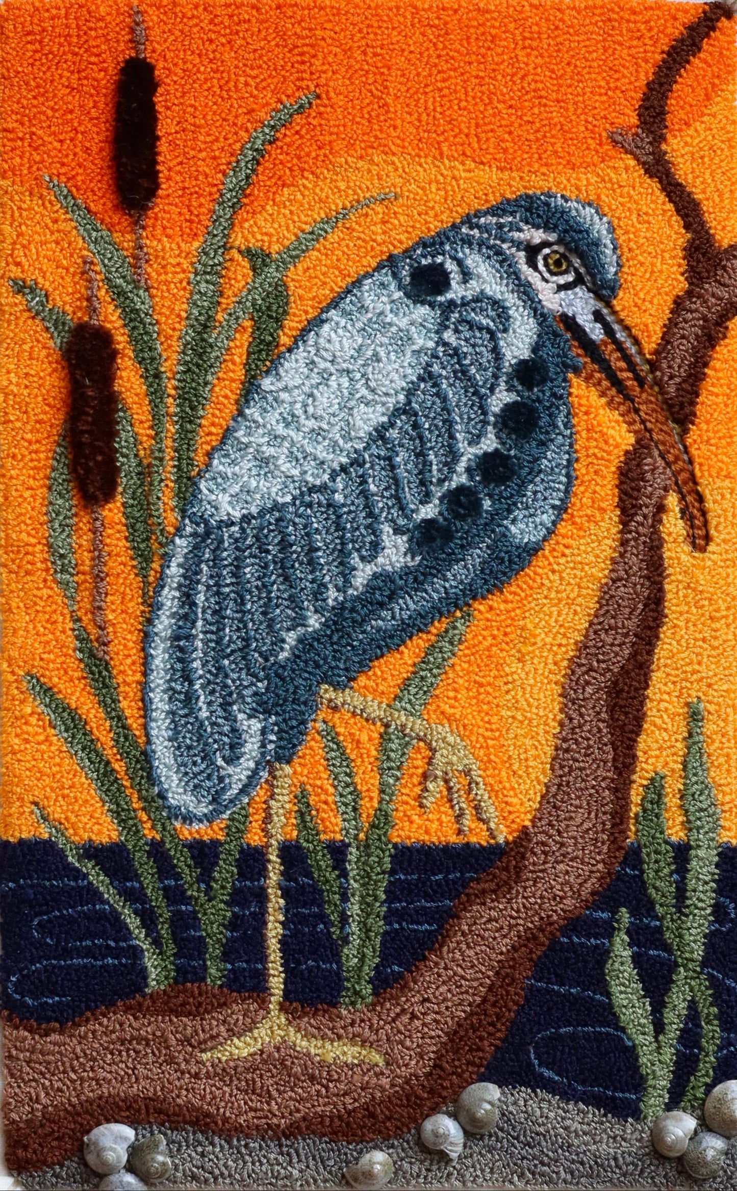 Sunset Heron - a coastal bird design by Orphaned Wool created for fiber artists.