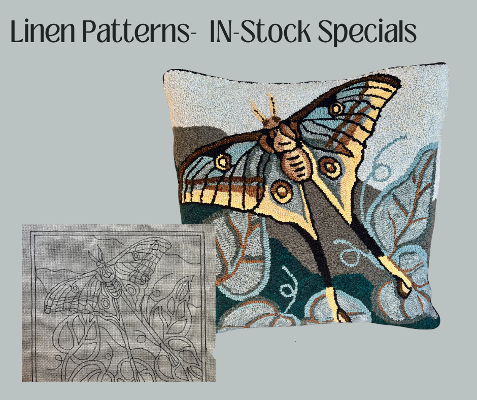 Spanish Moon Moth Linen Rug Hooking Pattern. Copyright 2024 Kelly Kanyok-Orphaned Wool