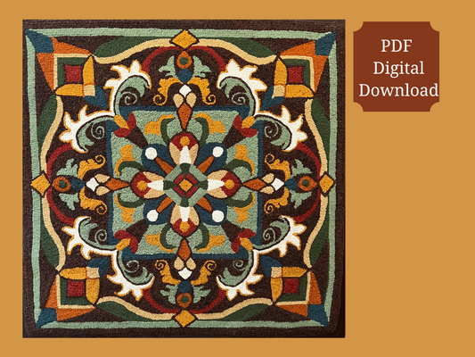 Majestic - PDF Rug Hooking or Rug Punch Needle Pattern by Orphaned Wool. This is a digital download of the Majestic pattern. These paper PDF patterns are designed to be enlarged to your desired size - suggested size options are included along with a beautiful full color placement guide for easy interpretation of the pattern colors used in the design. Copyright 2023 Kelly Kanyok, Orphaned Wool.
