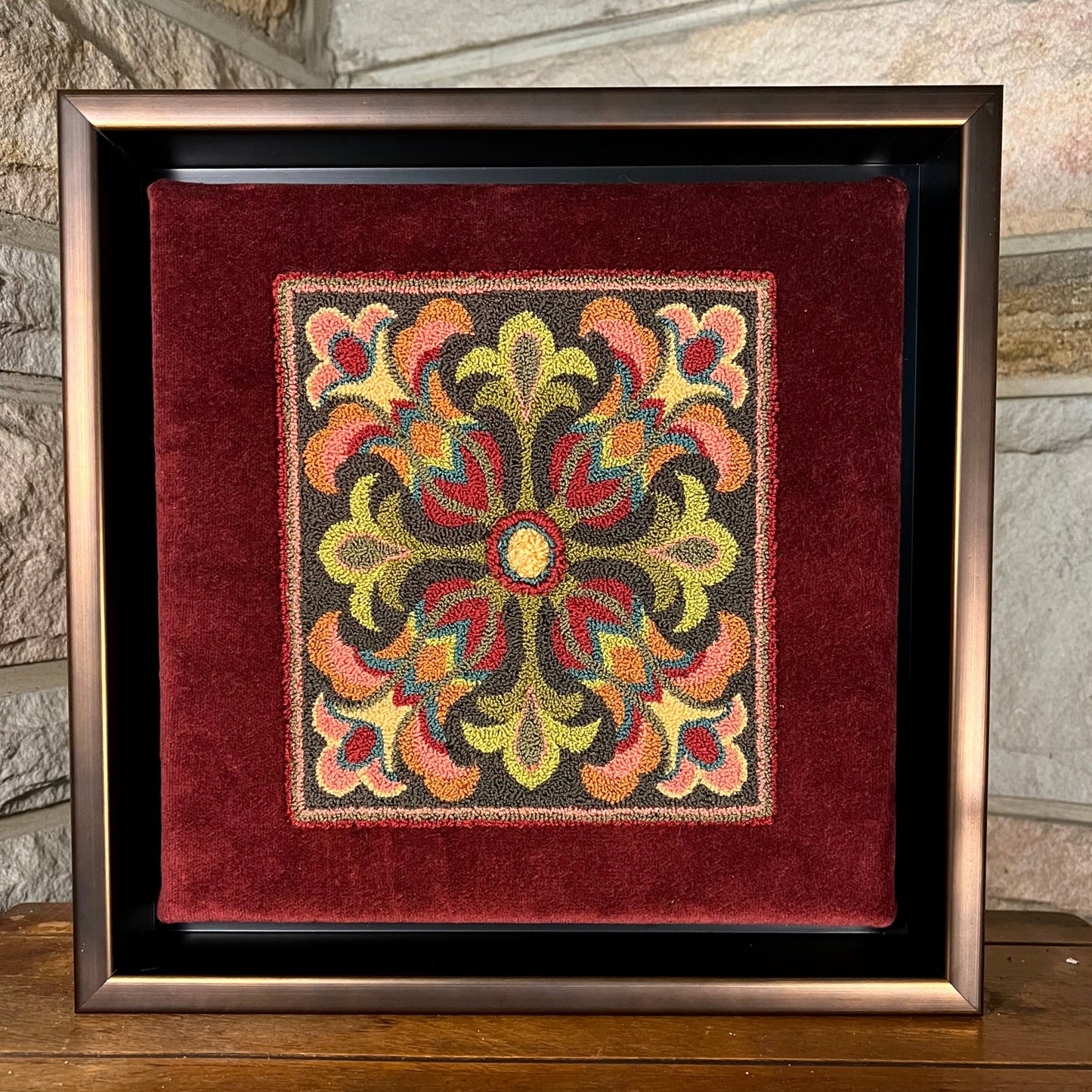Tuscan Blooms Punch Needle Pattern by Orphaned Wool. This lovely pattern is available as a paper or Cloth Pattern with an option to purchase a custom thread kit, while supplies last. This beautiful flower pattern is Copyrighted 2023 Kelly Kanyok/ Orphaned Wool.