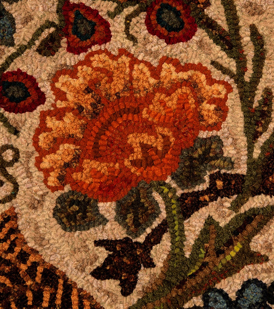 Views of Morris- Linen Rug Hooking or Rug Punch Needle Pattern by Orphaned Wool. This pattern is hand-drawn on natural linen, there is one size available 34 x 45. This design was inspired by the Artist William Morris.