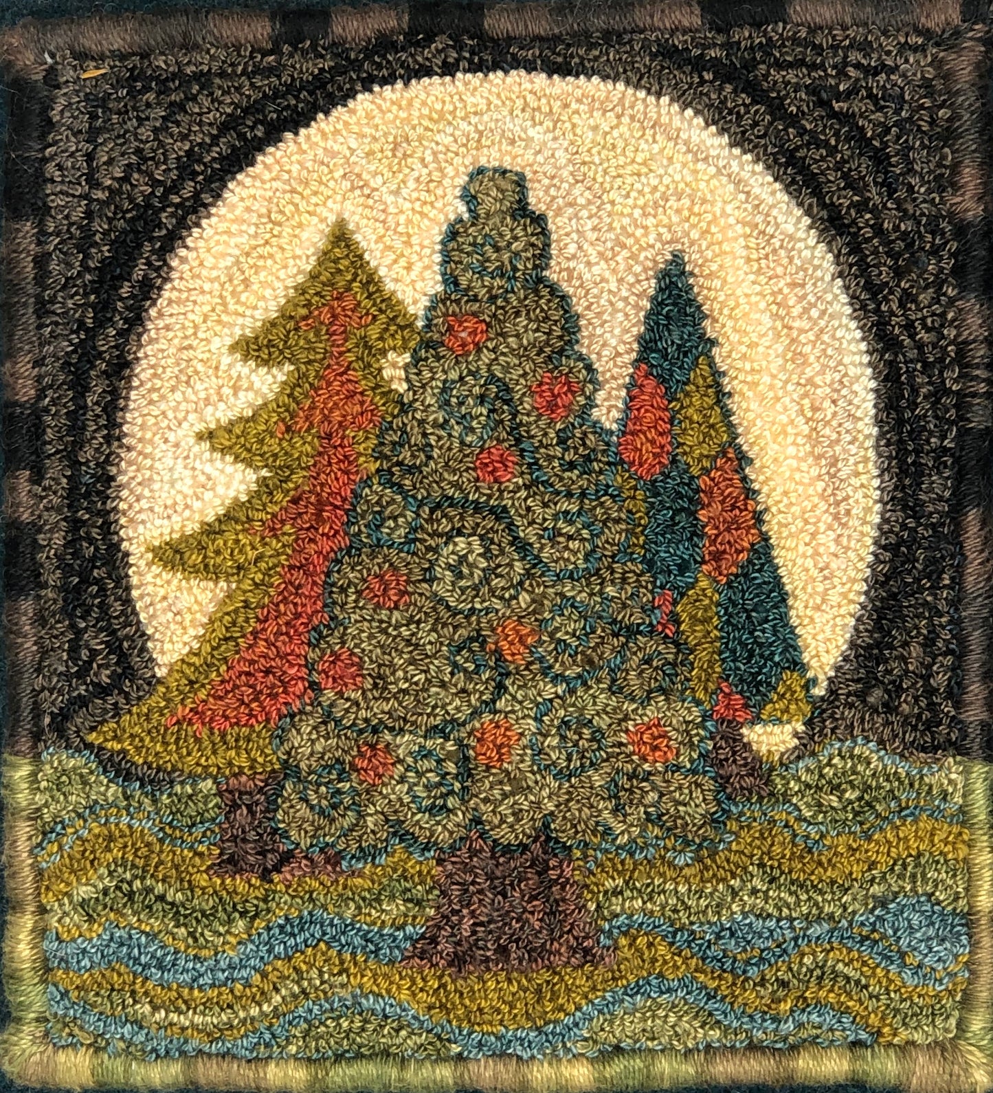 Moon Trees- Punch Needle Pattern by Orphaned Wool. This pattern is available in two different formats, paper pattern and pattern on weavers cloth fabric. Both patterns include the color codes for creating the pattern in Valdani Thread or DMC Floss or a combination of both types of threads. Makes a sweet pillow design.