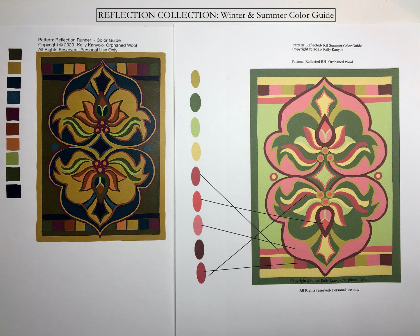 Reflected- Rug Hooking or Rug Punch Needle Pattern on Linen by Orphaned Wool. This lovely pattern is Hand-drawn on natural linen and makes a wonderful tabletop runner. Comes with two color guides (Summer & Winter)