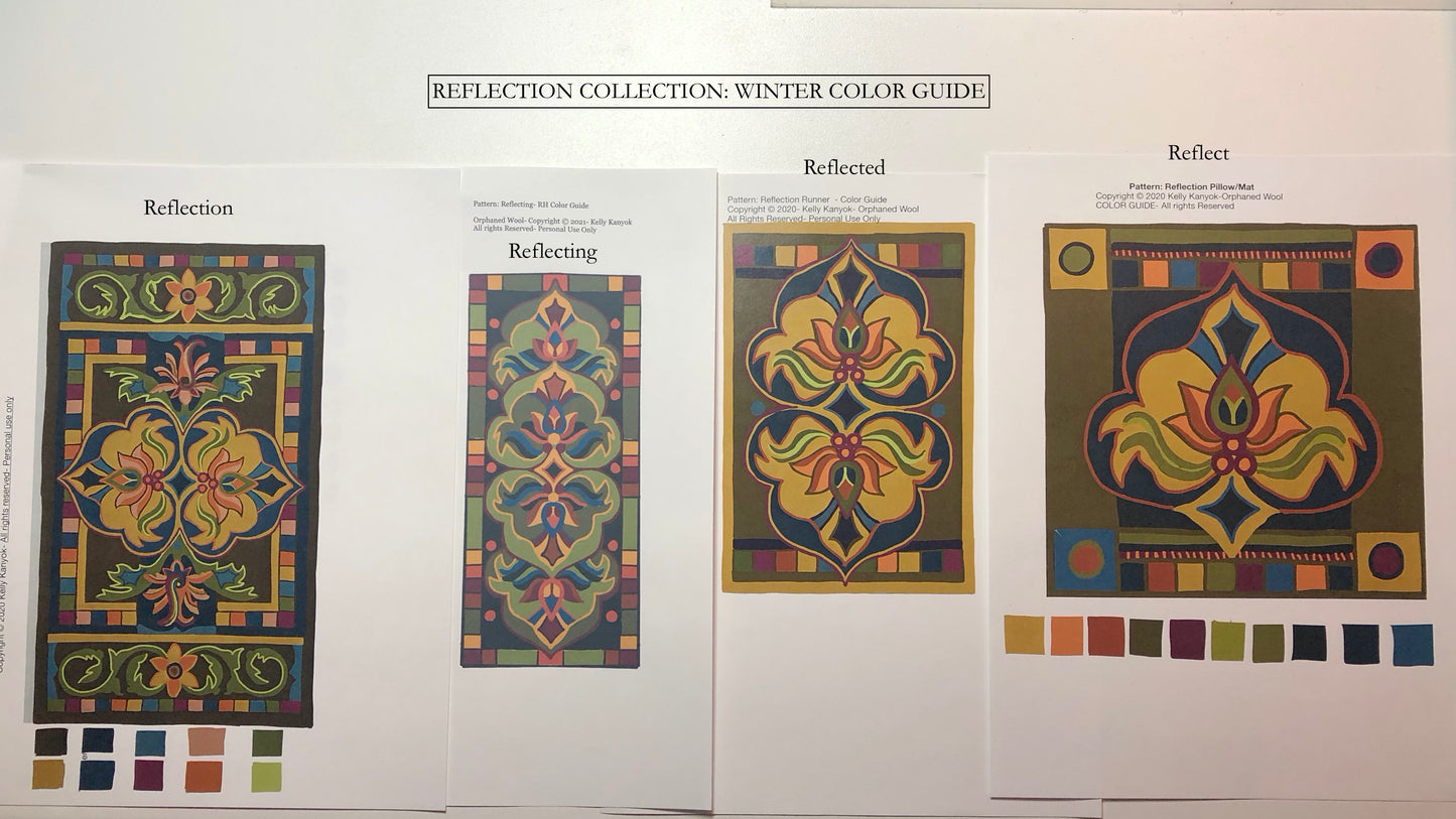 Reflecting- Punch Needle Pattern by Orphaned Wool. This pattern is available as a paper pattern or a pattern on weaver's cloth fabric. This is 1 of 4 patterns in the Reflection Collection. This collection is designed to coordinate with the other patterns in the collection. Each pattern contains two different color guides, Spring - a lighter color palette and Winter a warmer color palette.