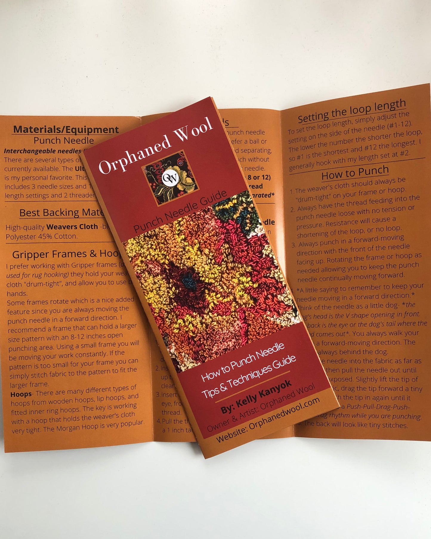 How To Punch Needle Tips & Techniques Guide by Orphaned Wool. This is a wonderful tri-fold pamphlet that contains so much helpful information on how to get started and the materials and equipment needed to start your journey on creating with the Thread Punch Needle.