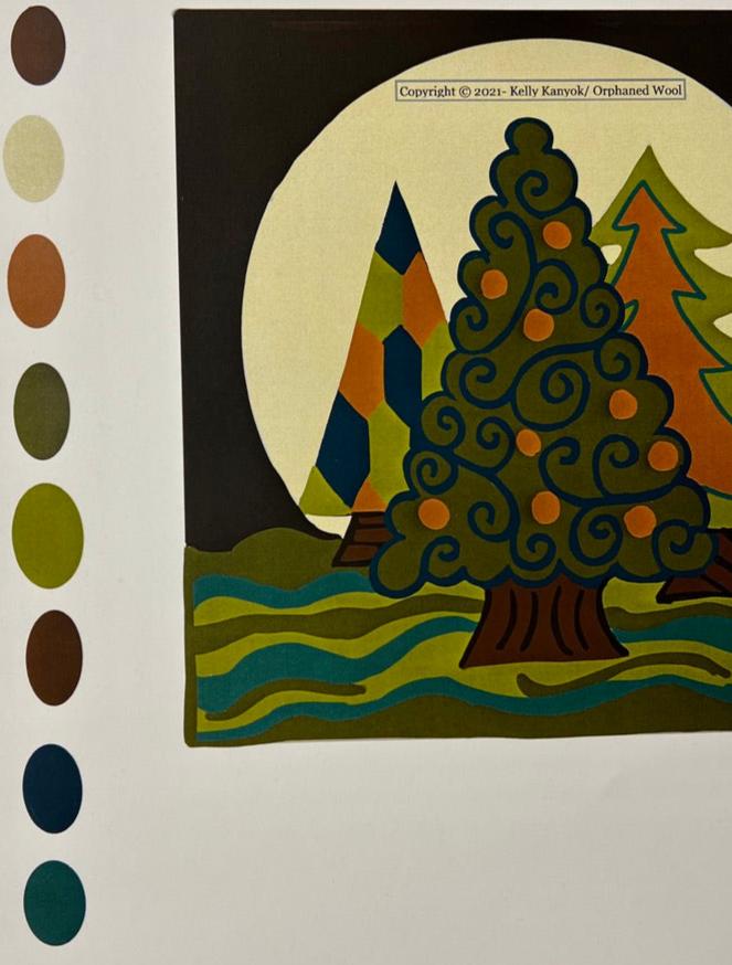 Moon Trees- Paper Rug Hooking or Rug Punch Pattern by Orphaned Wool. This Paper Pattern is formatted to be enlarged, allowing the artist to create a custom size pattern. Pattern includes the full-color guide and enlargement instructions.