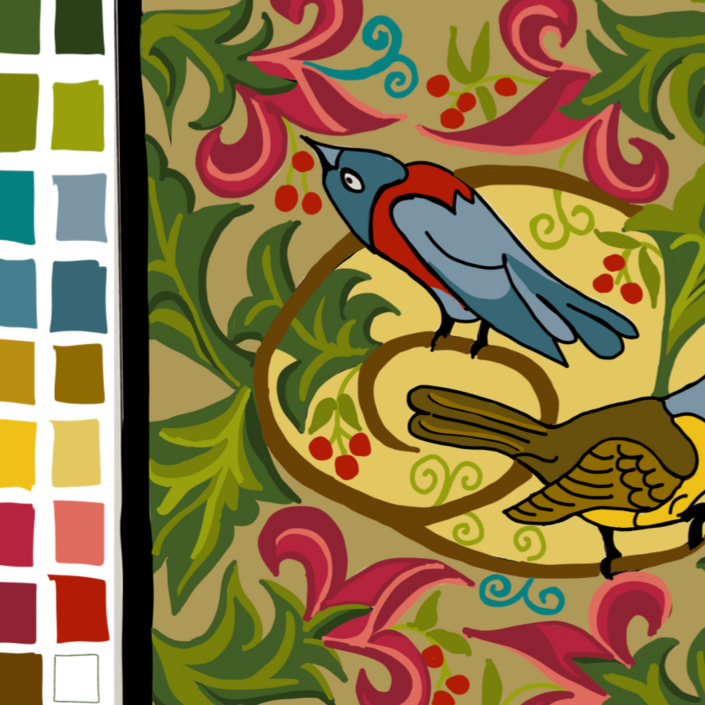 Berry Birds- Rug Hooking Linen Pattern, Color Guide, by Orphaned Wool