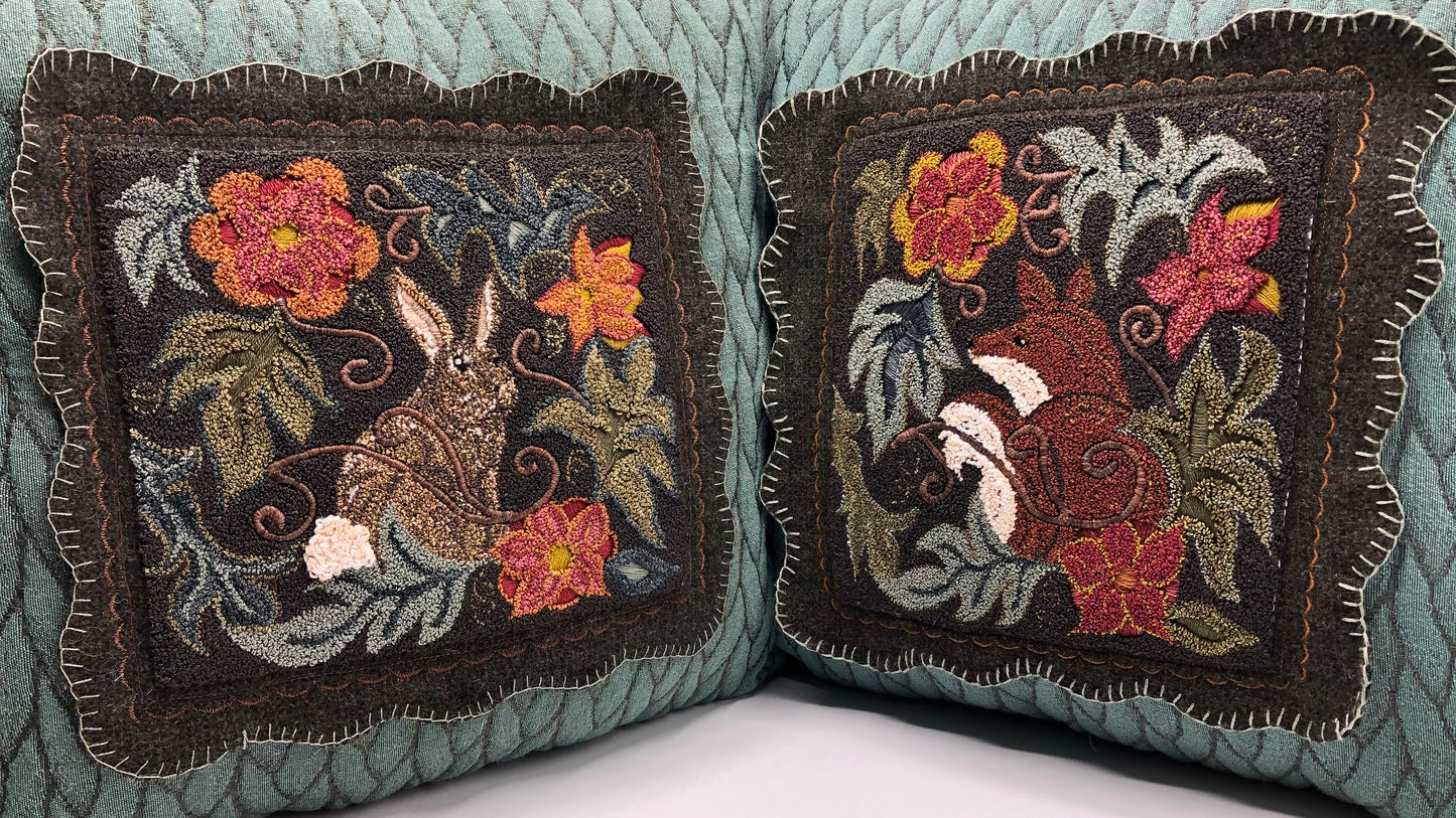 Garden Rabbit Punch Needle pattern by Orphaned Wool. Design can be finished using Valdani Threads or Dmc Floss. Beautiful Garden Rabbit pattern with flowers and leaves. A lovely pillow design. Garden Rabbit has a companion design called Garden Fox.