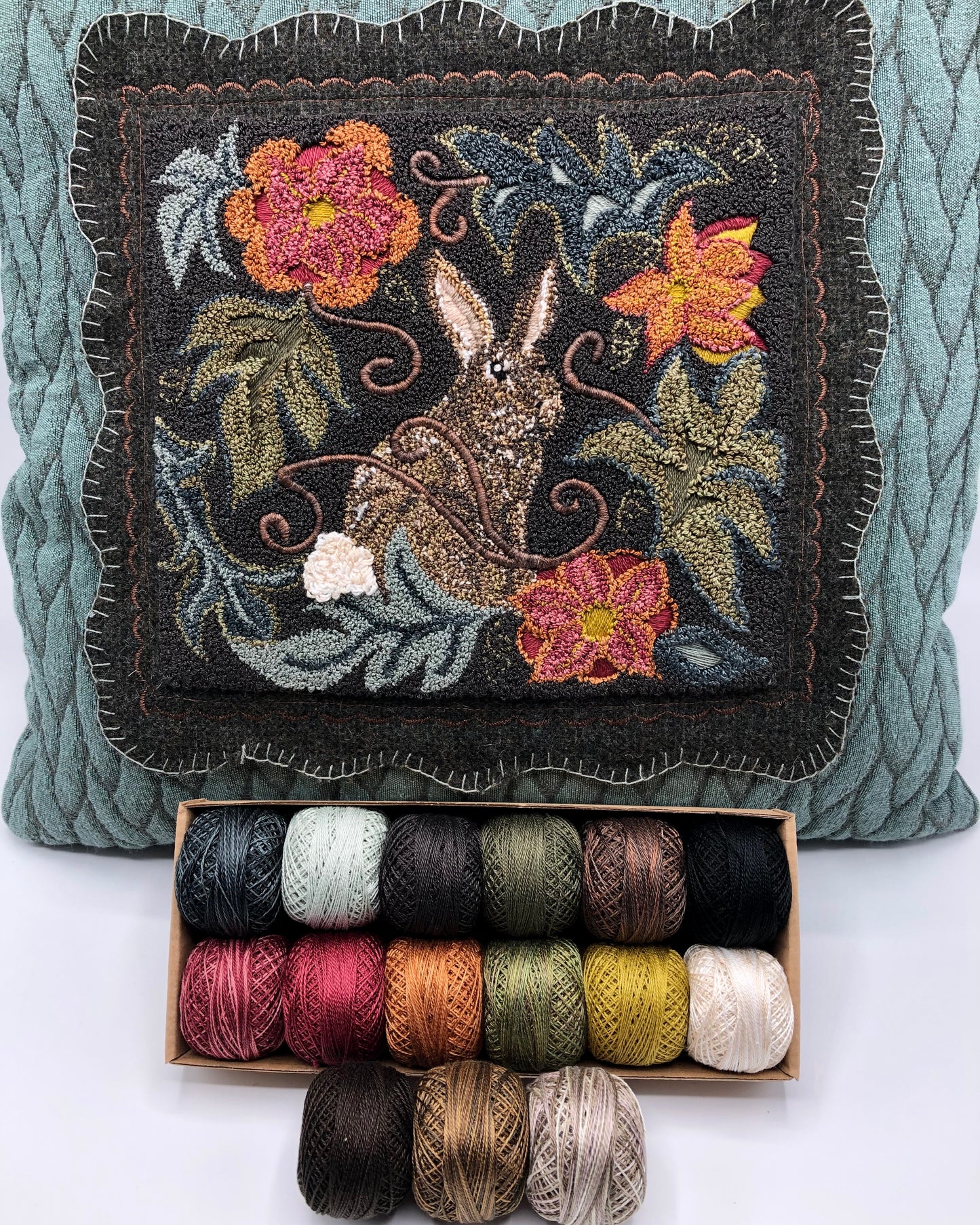 Garden Rabbit Punch Needle PDF Digital Download Pattern, by Orphaned Wool. Can be finished using DMC floss or Valdani Threads. Lovey Bunny Pattern with flowers and Foliage.