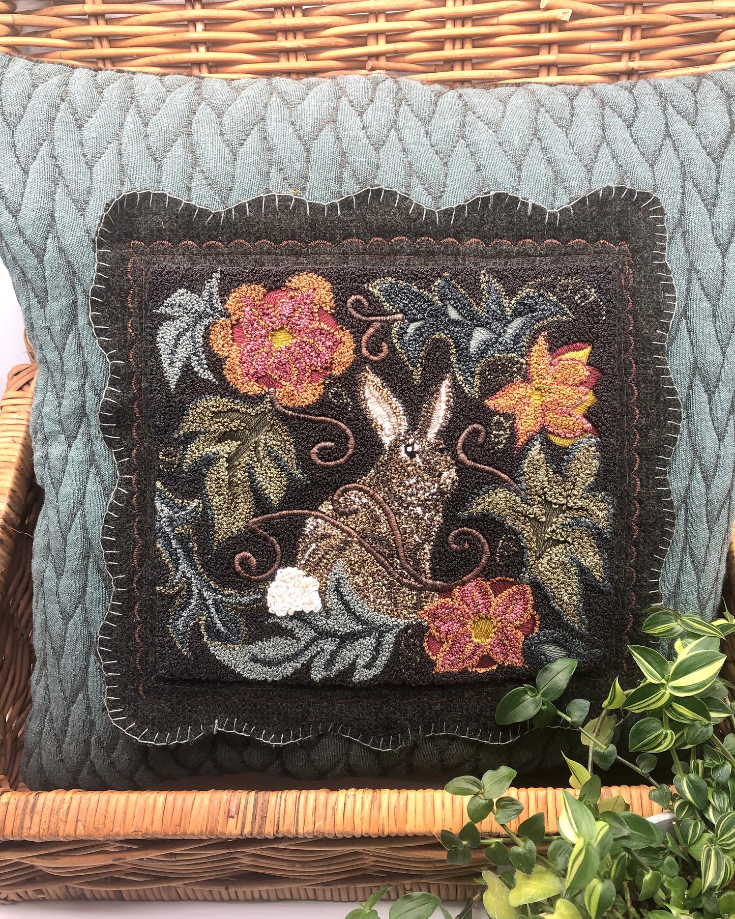 Garden Rabbit Punch Needle pattern by Orphaned Wool. Design can be finished using Valdani Threads or Dmc Floss. Beautiful Garden Rabbit pattern with flowers and leaves. A lovely pillow design.