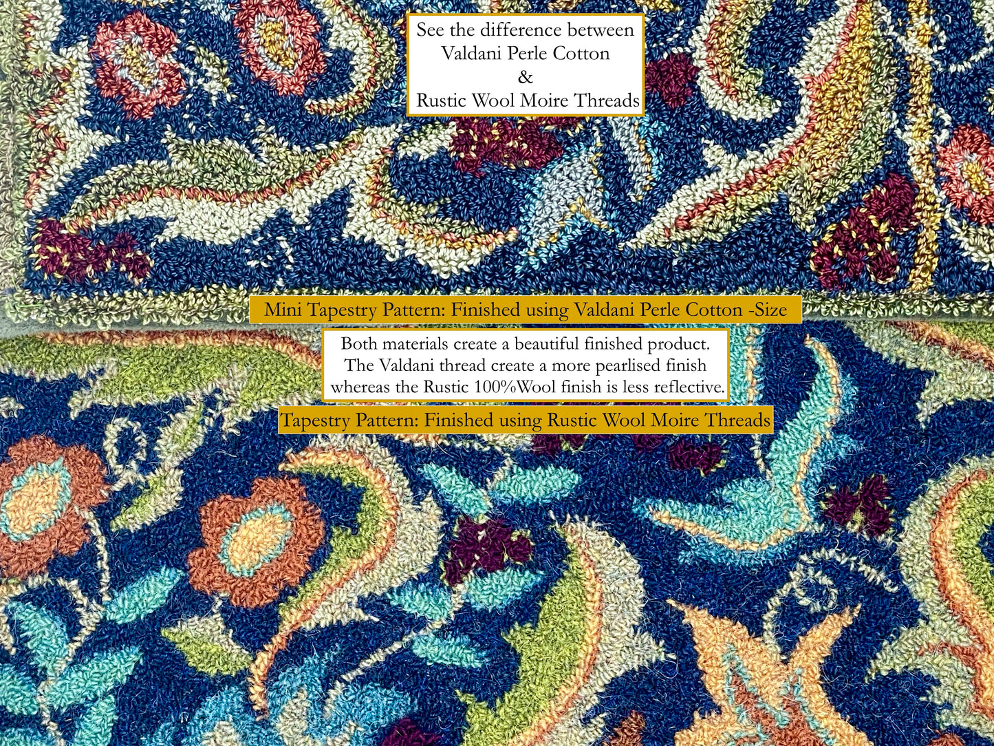 Tapestry Mini- PDF Digital Download Punch Needle Pattern by Orphaned Wool. This incredible pattern includes a color guide with three optional thread choices to create this design, Valdani Threads, DMC Floss or Rustic Moire Wool Threads. Every thread will bring it own unique finish to this lovely design. The photo shows the design completed using Valdani Threads.