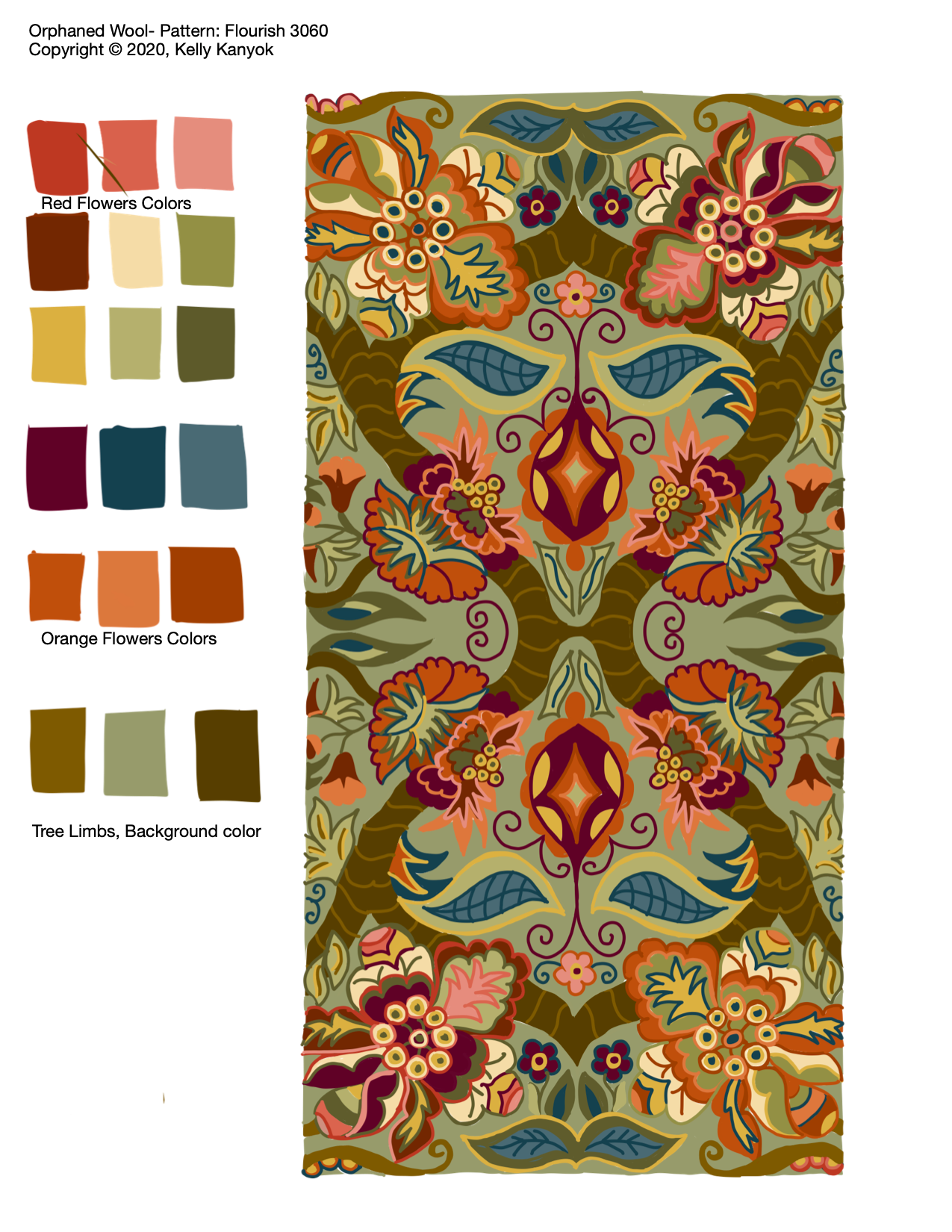 Flourish 3060- Rug Hooking pattern on Linen, Floral Design by Orphaned Wool