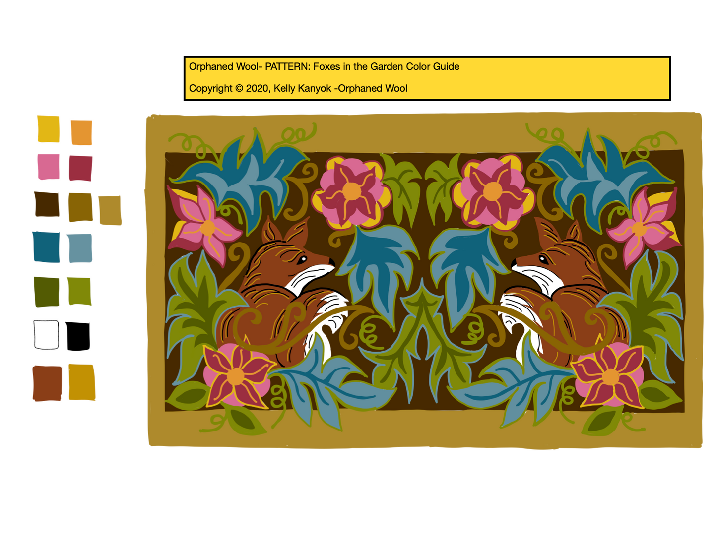 Foxes in the Garden- Rug Hooking Pattern on Linen, Floral and Fox design, by Orphaned Wool