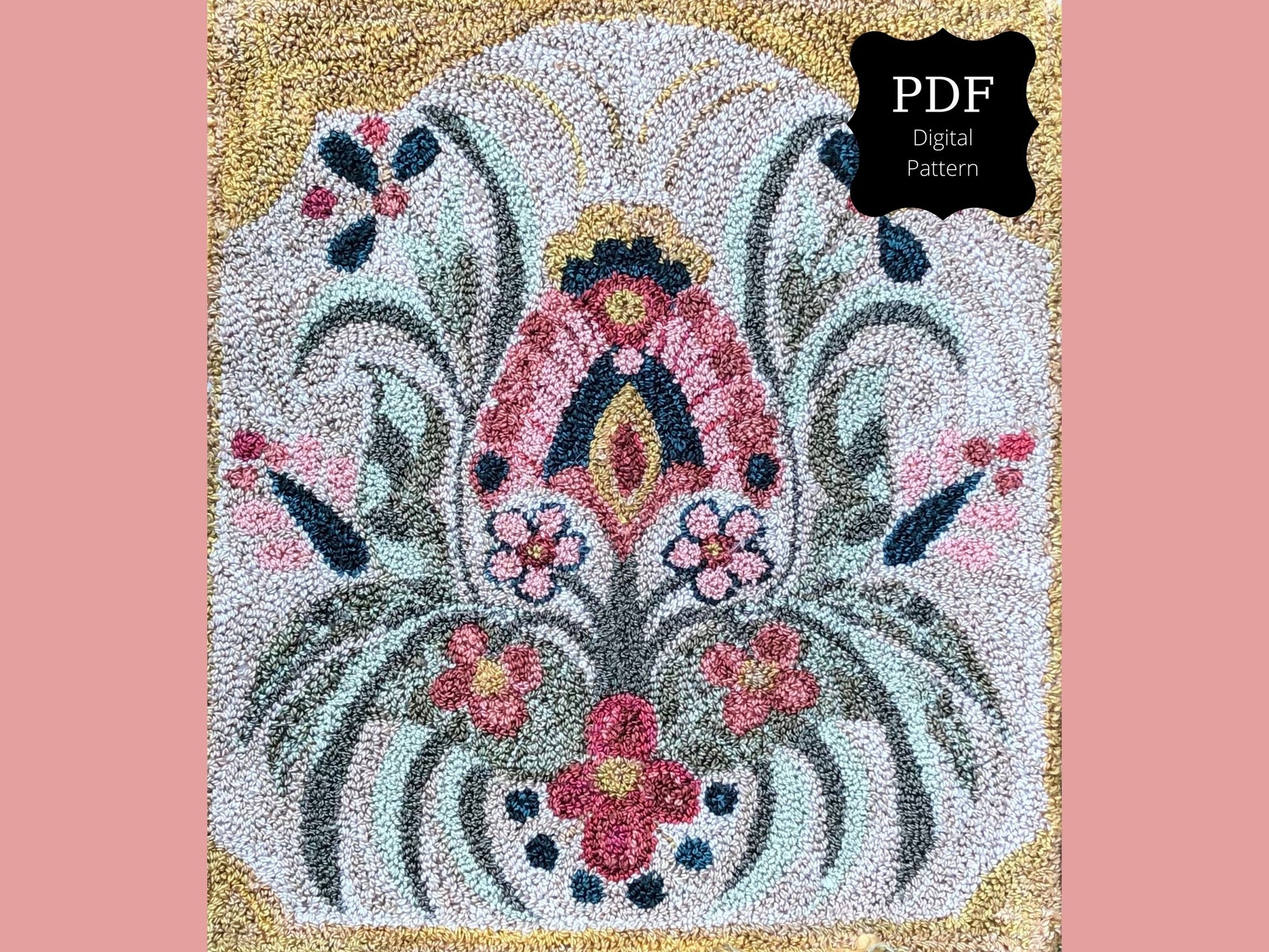 Gracious PDF Digital Punch Needle Pattern by Orphaned Wool. This is a beautiful floral design created by Kelly Kanyok of Orphaned Wool
