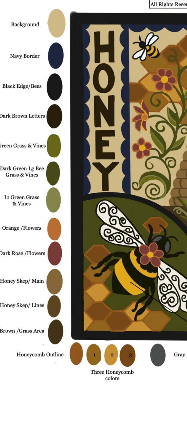 Honey Bee - Paper Rug Hooking Pattern designed by Kelly Kanyok of Orphaned Wool. This wonderful Bee design has a honeycomb background and Bee Skep and wonderful flowers in the design. Paper Rug Hooking patterns are designed to be enlarged and are perfect for the Rug Hooker or Rug Punch Needle Artist.