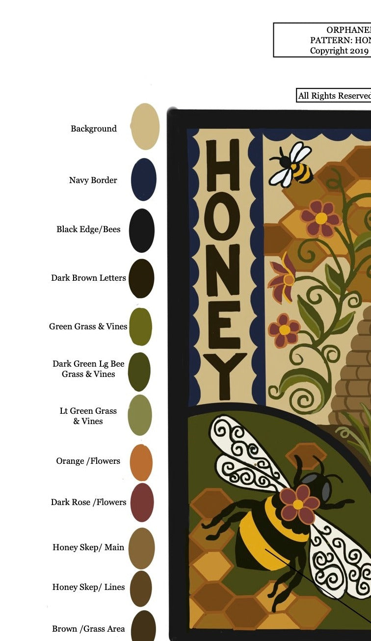 Honey Bee- PDF Digital Download Rug Hooking Pattern by Orphaned Wool . This Pattern is designed to be enlarged,, customize your size and enjoy all the lovely bumblebees, honey skep and honeycomb background. Perfect for creating with the Oxford Rug Punch Needle.