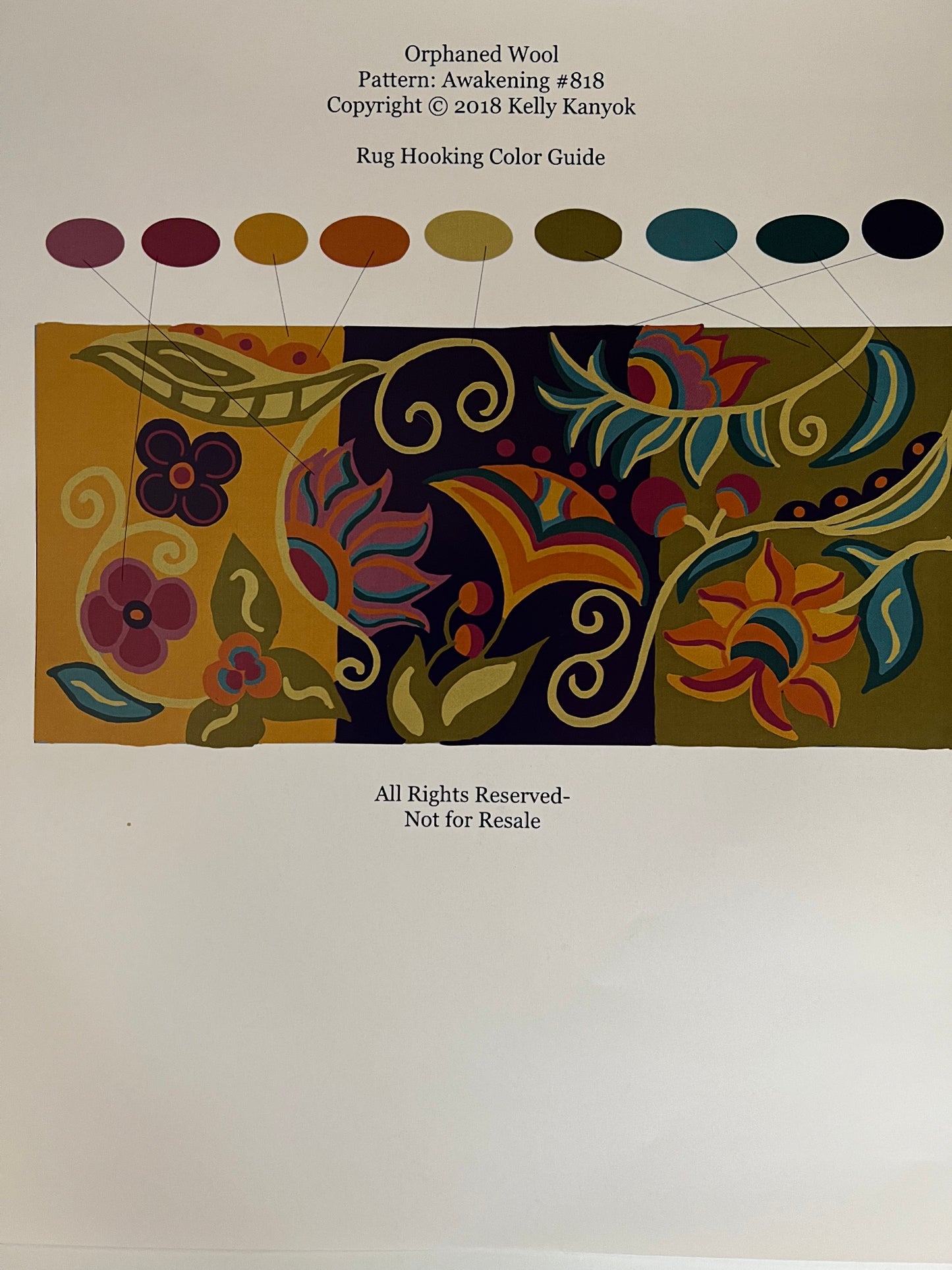 Awakening 818-Rug Hooking Linen Pattern, Color Guide, by Orphaned Wool