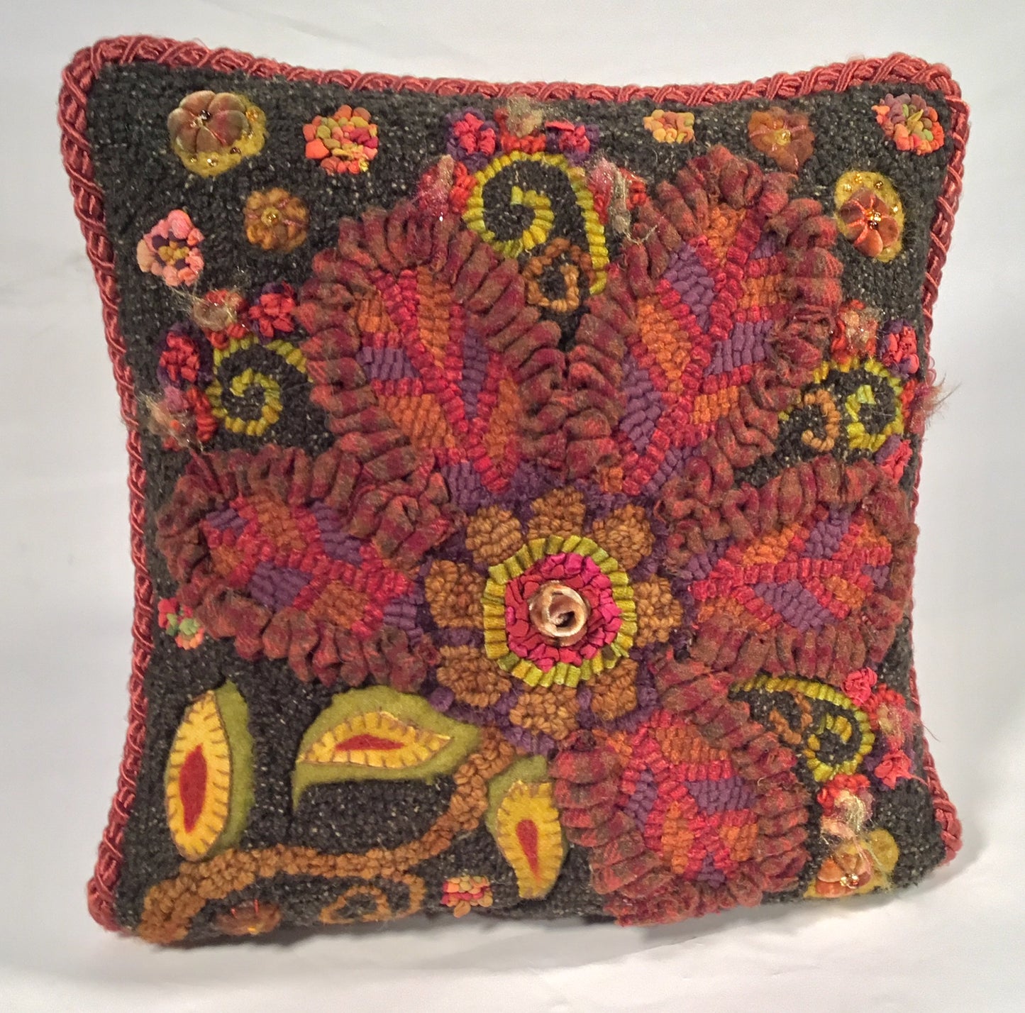 Petals Rug Hooking or Rug Punch Needle Pattern by Orphaned Wool is hand-drawn on natural Linen. This is a 16 x 16 inch pattern, perfect pillow size pattern. Copyright 2020 Kelly Kanyok/ Orphaned Wool