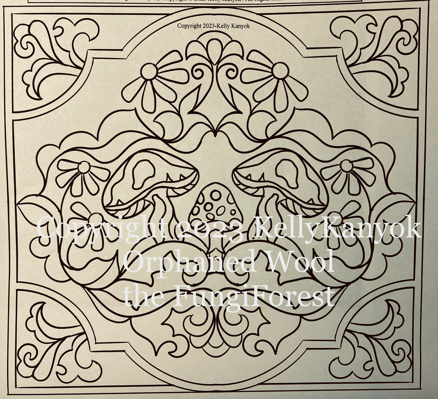 The Fungi Forest Linen Rug Hooking or Rug Punch Needle Pattern from Orphaned Wool. This woodsy mushroom pattern is perfect for any nature lover. Hand-drawn on natural Linen and available in two size, small and large. Copyright 2023 Kelly Kanyok-Orphaned Wool