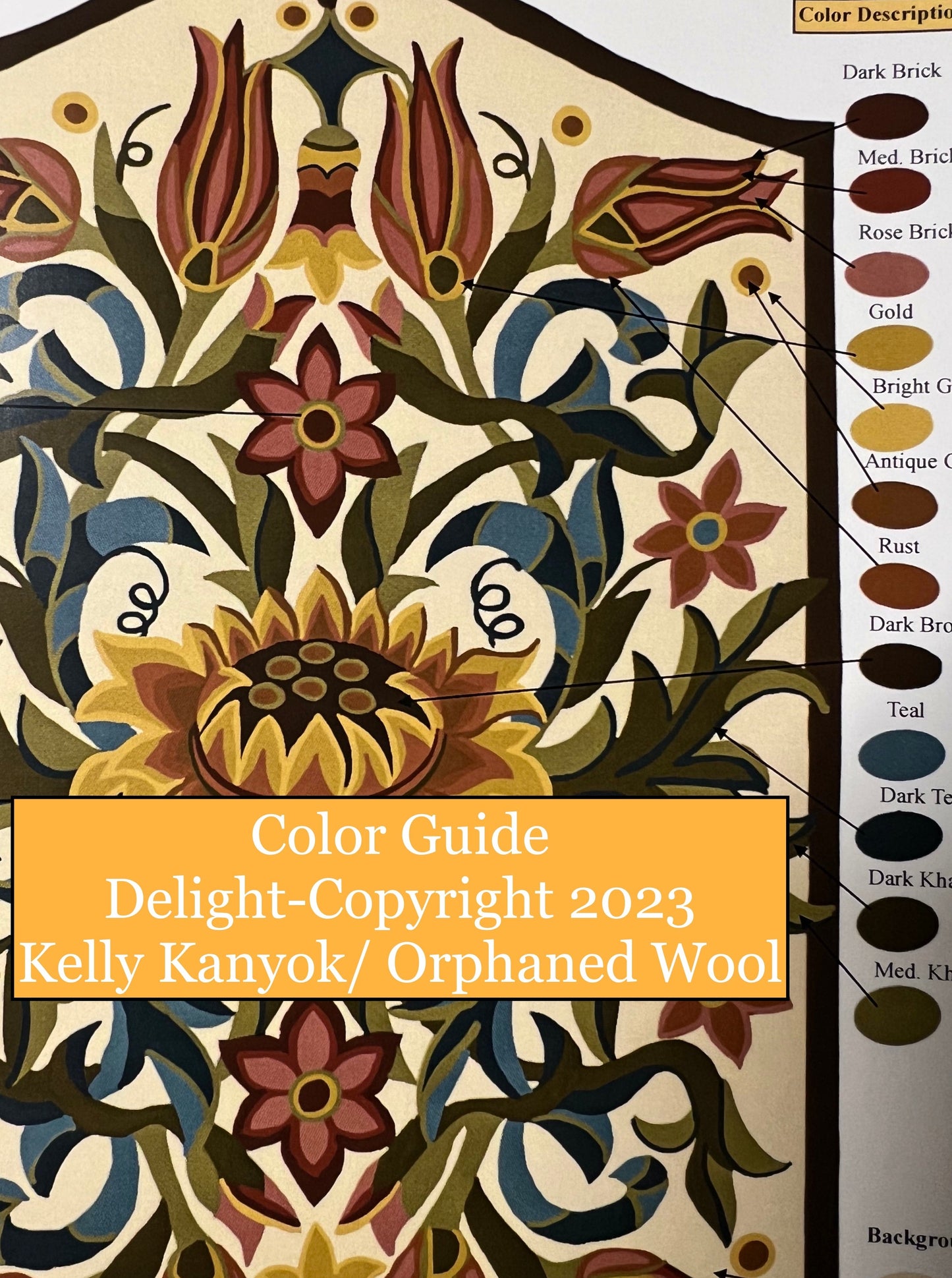 Delight Linen rug hooking or rug punch needle pattern by Orphaned Wool is hand-drawn on quality linen. Includes a beautiful color guide which makes creating this lovely floral design very enjoyable. This pattern is offered in two sizes. Copyright 2023 Kelly Kanyok