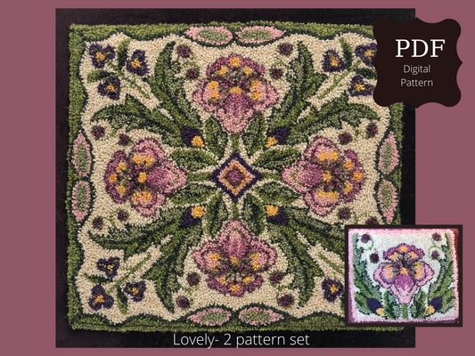 Lovely pattern set- PDF Digital Download Punch Needle Pattern by Orphaned Wool. This is a floral design that has a large design with a small accent flower design pattern. This design set can be completed in Rustic Moire Wool Threads, or Dmc Floss, or Valdani Threads. All three threads codes are included in the download pattern.