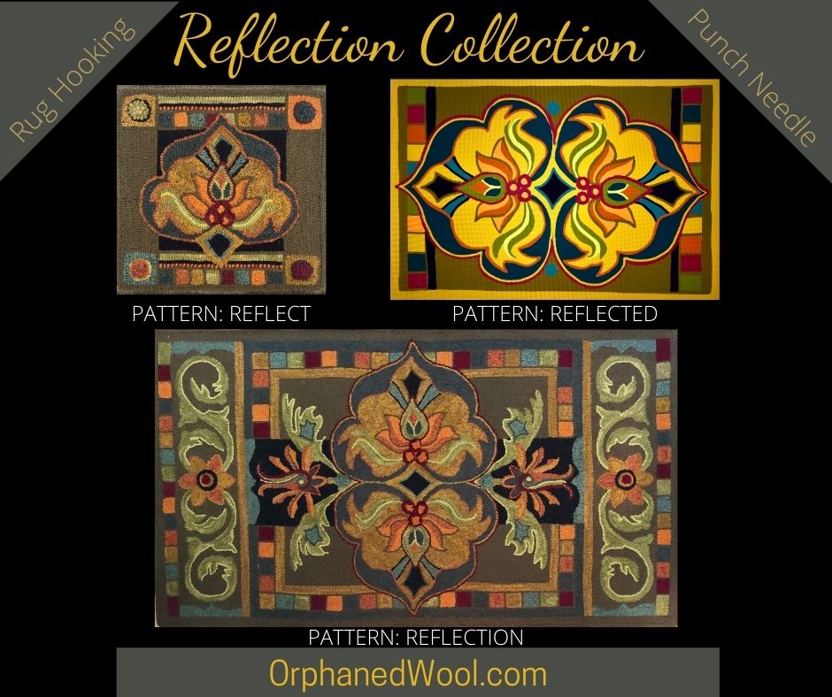 Reflection- Rug Hooking or Rug Punch Needle Pattern is Hand-drawn on natural linen, by Orphaned Wool. This is the largest design in the Reflection Collection and makes an incredible finished Rug. Reflection comes with two color guides (Summer & Winter) so you can choose if you want to create this rug with cooler or warmer colors.