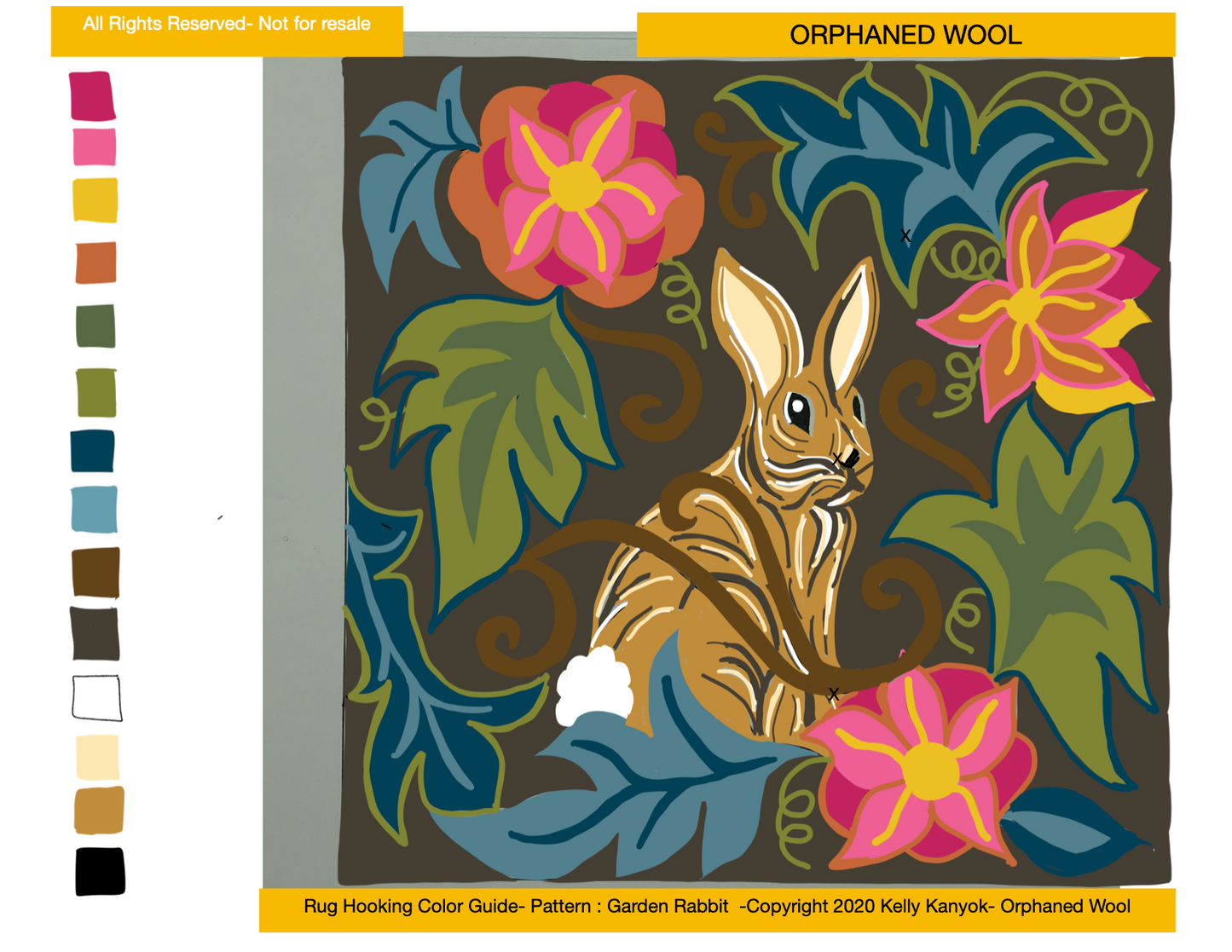 Garden Rabbit Rug Hooking Pattern on natural linen, perfect for rug hooking and oxford rug punch needle. Lovely rabbit pattern with flowers and leaves.