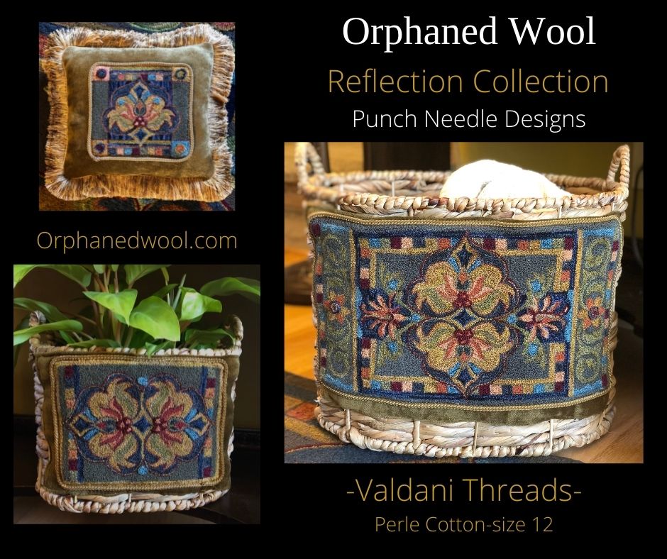 Reflecting- Punch Needle Pattern by Orphaned Wool. This pattern is available as a paper pattern or a pattern on weaver's cloth fabric. This is 1 of 4 patterns in the Reflection Collection. This collection is designed to coordinate with the other patterns in the collection. Each pattern contains two different color guides, Spring - a lighter color palette and Winter a warmer color palette.