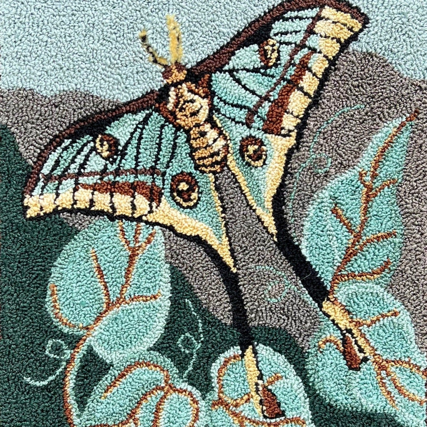  The Spanish Moon Moth- Paper Rug Hooking Pattern by Orphaned Wool, Copyright © 2023 Kelly Kanyok. Create a stunning piece of art with the elegant nature-inspired design of the Spanish Moon Moth pattern.