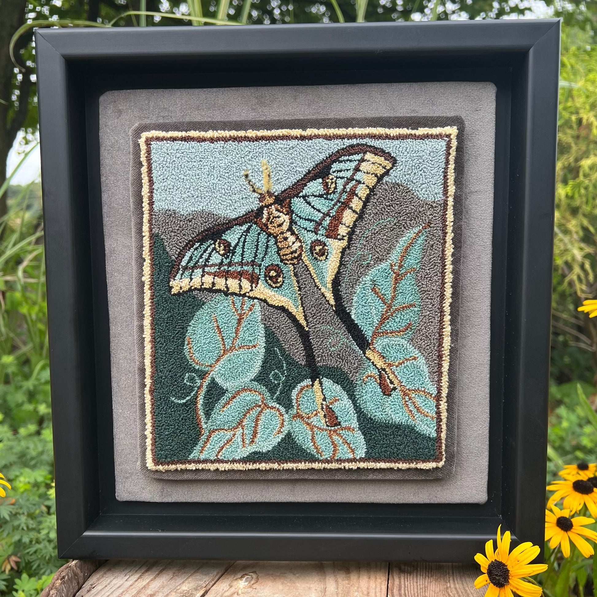 The Spanish Moon Moth Needle Punch Pattern by Orphaned Wool, Copyright © 2023 Kelly Kanyok. Create the nature-inspired design of a Spanish Moon Moth in flight. Available are a Paper Pattern or Printed on Cloth ready to go on your frame or hoop.
