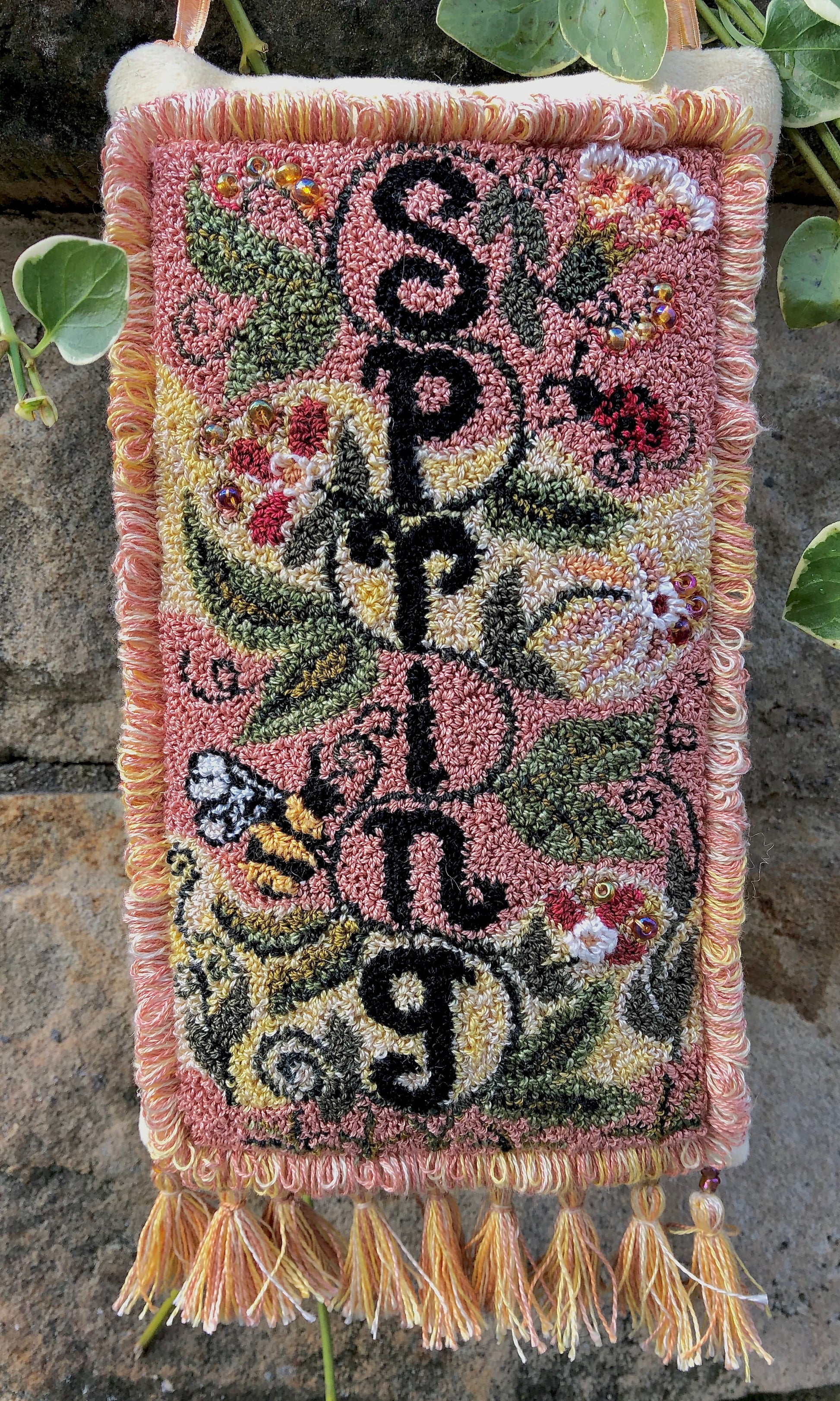 Spring Vine- PDF punch needle pattern digital download by Orphaned Wool. This lovely Spring Vine has a sweet bumblebee and ladybug and flowers all in the pattern. Copyright 2020 Kelly Kanyok , Orphaned Wool. Enjoy creating this beautiful Spring Vine design.