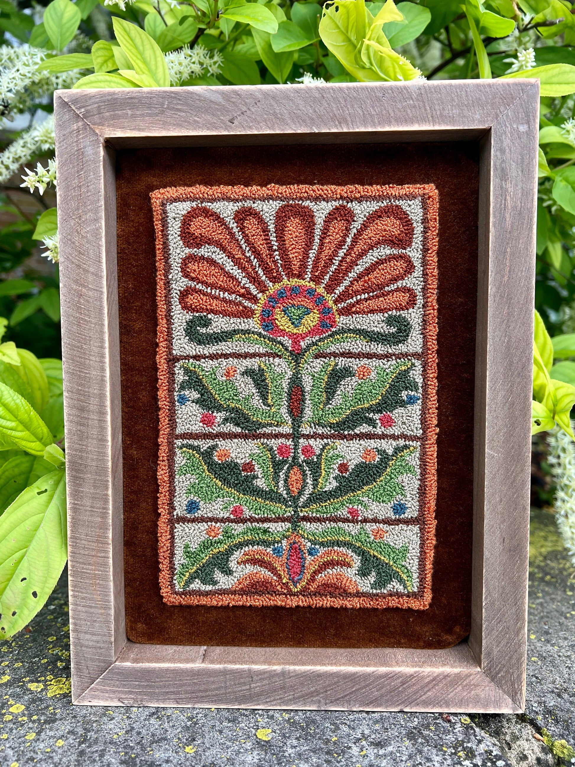 Autumn's Gift is a Punch Needle Embroidery Pattern designed by Orphaned Wool. This is a wonderful Fall Floral design to enjoy creating with DMC floss threads. Copyright 2023 Kelly Kanyok / Orphaned Wool.