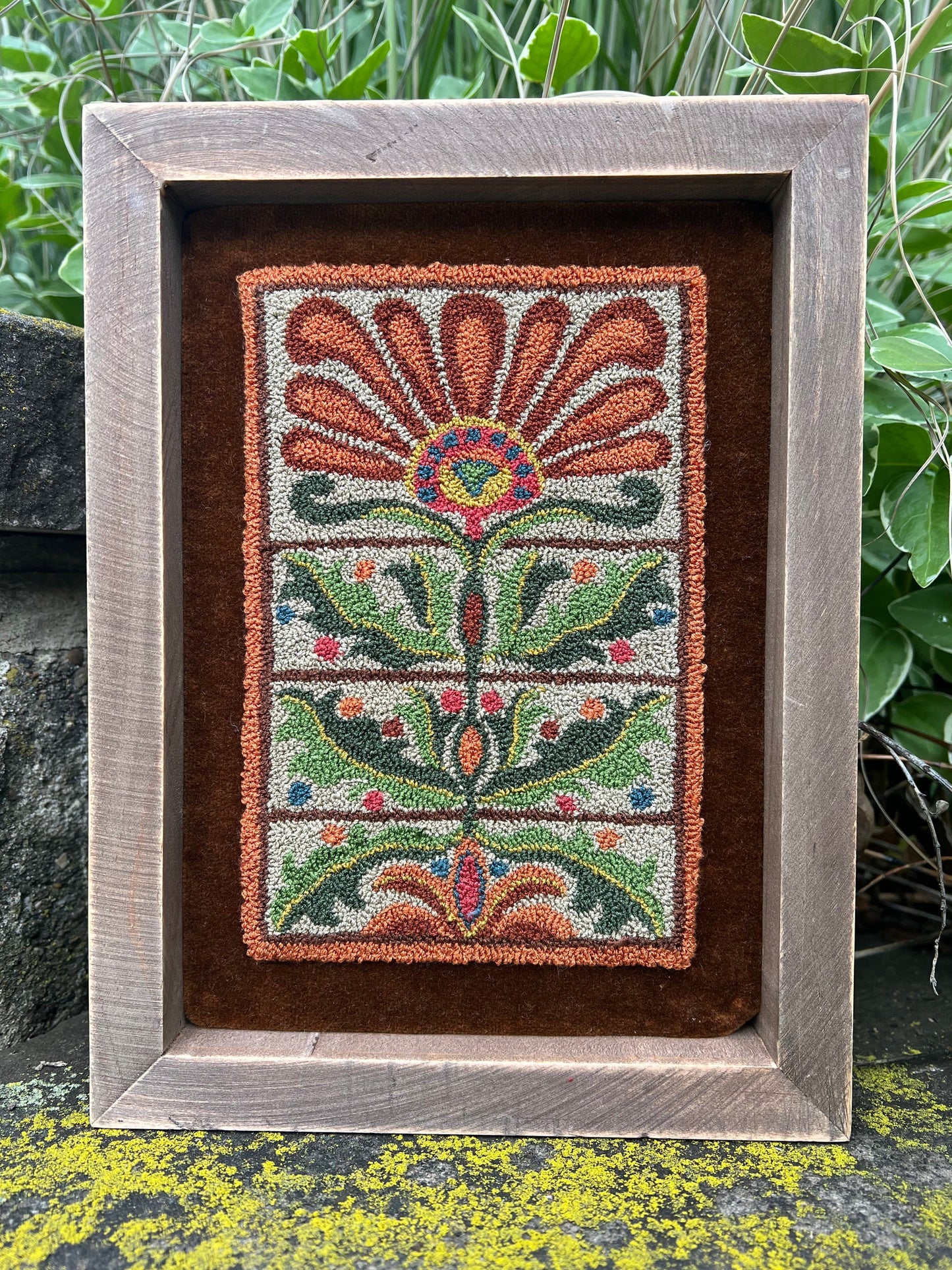 Autumn's Gift is a Punch Needle Embroidery Pattern designed by Orphaned Wool. This is a wonderful Fall Floral design to enjoy creating with DMC floss threads. Copyright 2023 Kelly Kanyok / Orphaned Wool.