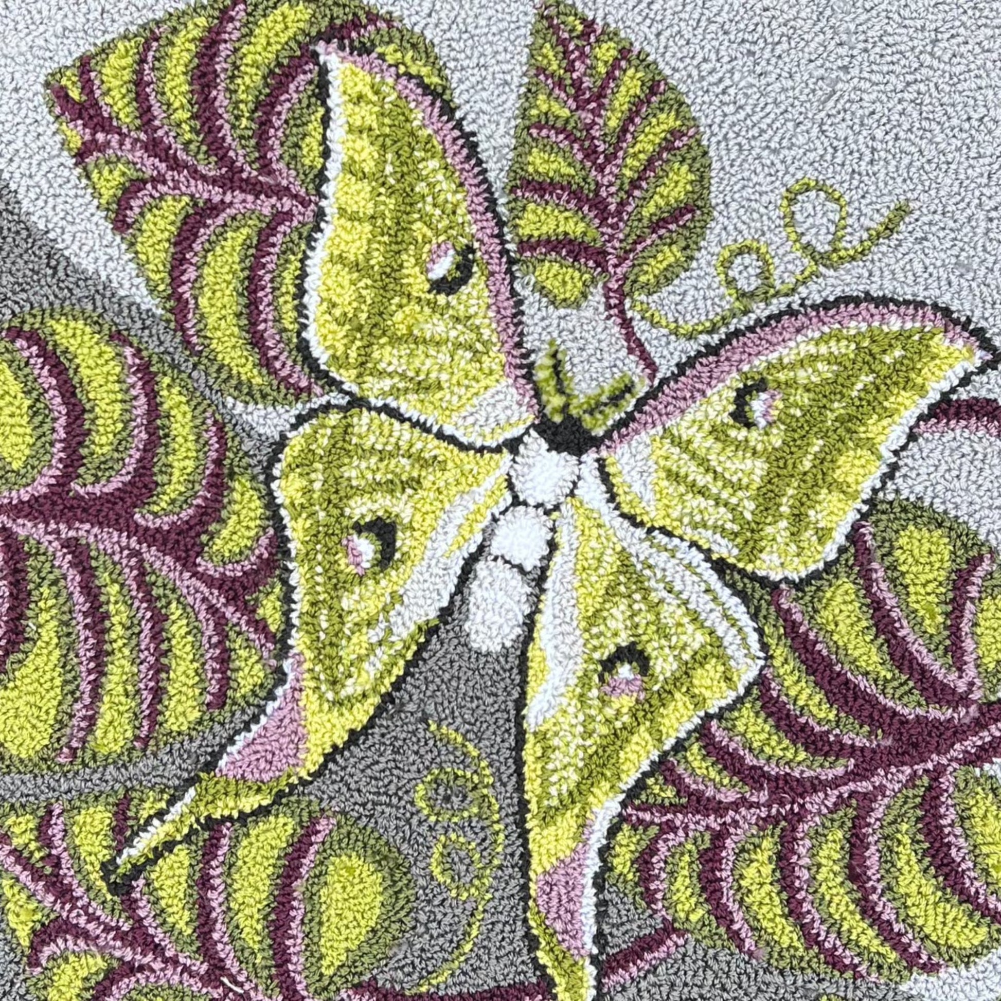 The Luna Moth- Paper Rug Hooking Pattern by Orphaned Wool, Copyright © 2023 Kelly Kanyok. This elegant pattern inspired by nature’s own Luna Moth, enjoy creating this nocturnal creature with it luminous green wings and the beautiful leaves.