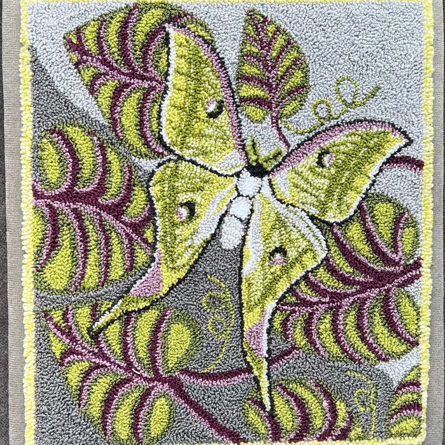 Luna Moth-PDF Rug Hooking digital download Pattern from Orphaned Wool, copyright © 2023 Kelly Kanyok. This stunning Luna Moth pattern is a 5 page download file that has an enlargeable pattern to create a custom size perfect for your home.