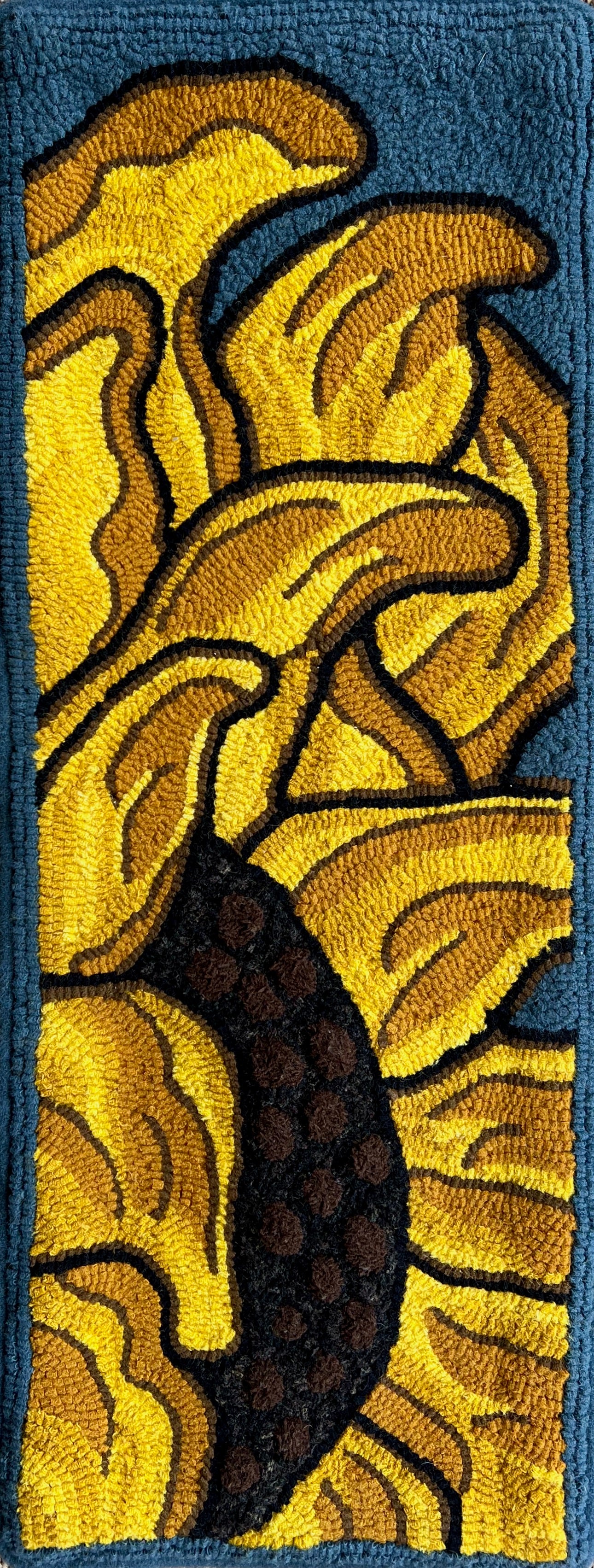 Sunflower- Rug Hooking pattern by Orphaned Wool. This  abstract vertical design of a sunflower is the perfect pattern for rug hooking or rug punch. Copyright © 2023 Kelly Kanyok