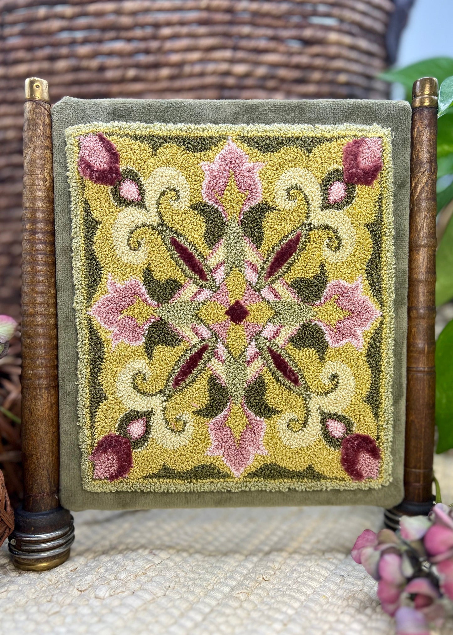 This Pattern: Rosy Spring, a Punch Needle Pattern by Orphaned Wool. This pattern features a soft pastel color palette in a lovely geometric design. Copyright 2023 Kelly Kanyok