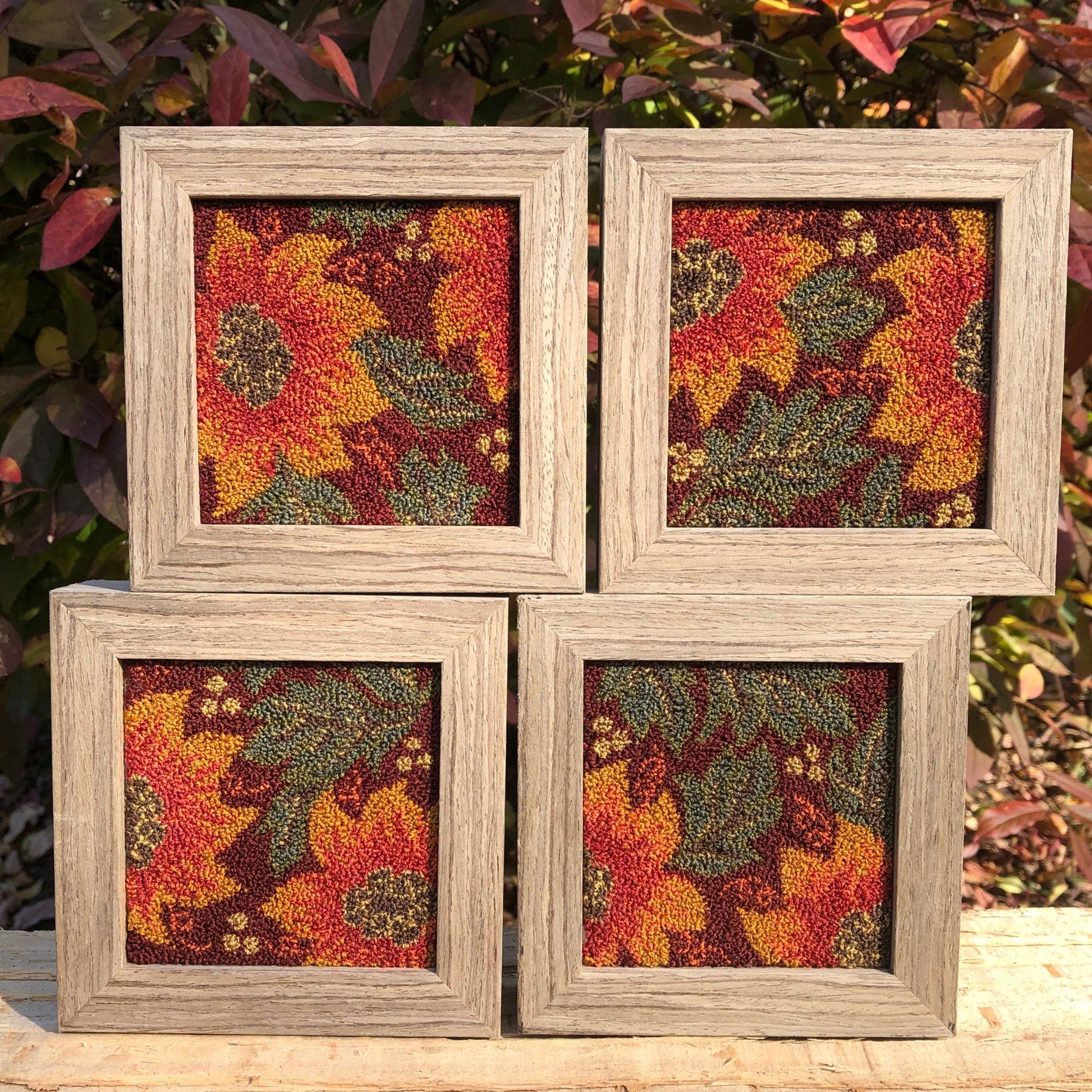 Autumn Glow- Punch Needle Pattern (set of 4) with DMC thread Kit by Orphaned Wool. This is a lovely set of 4 punch needle pattern designed to fit into a 4 x 4 frames. Copyright 2021 Kelly Kanyok- All Rights Reserved.
