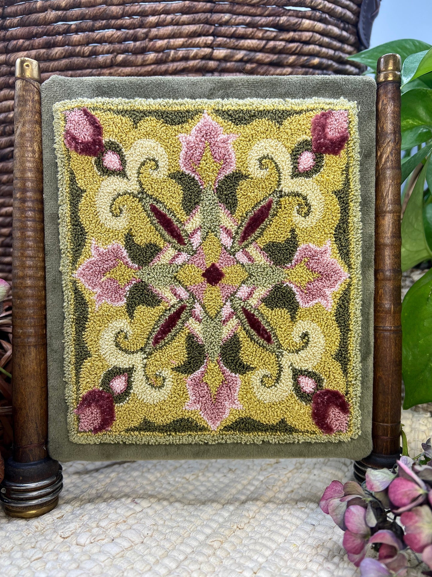 This Pattern: Rosy Spring, a Punch Needle Pattern by Orphaned Wool. This pattern features a soft pastel color palette in a lovely geometric design. Copyright 2023 Kelly Kanyok