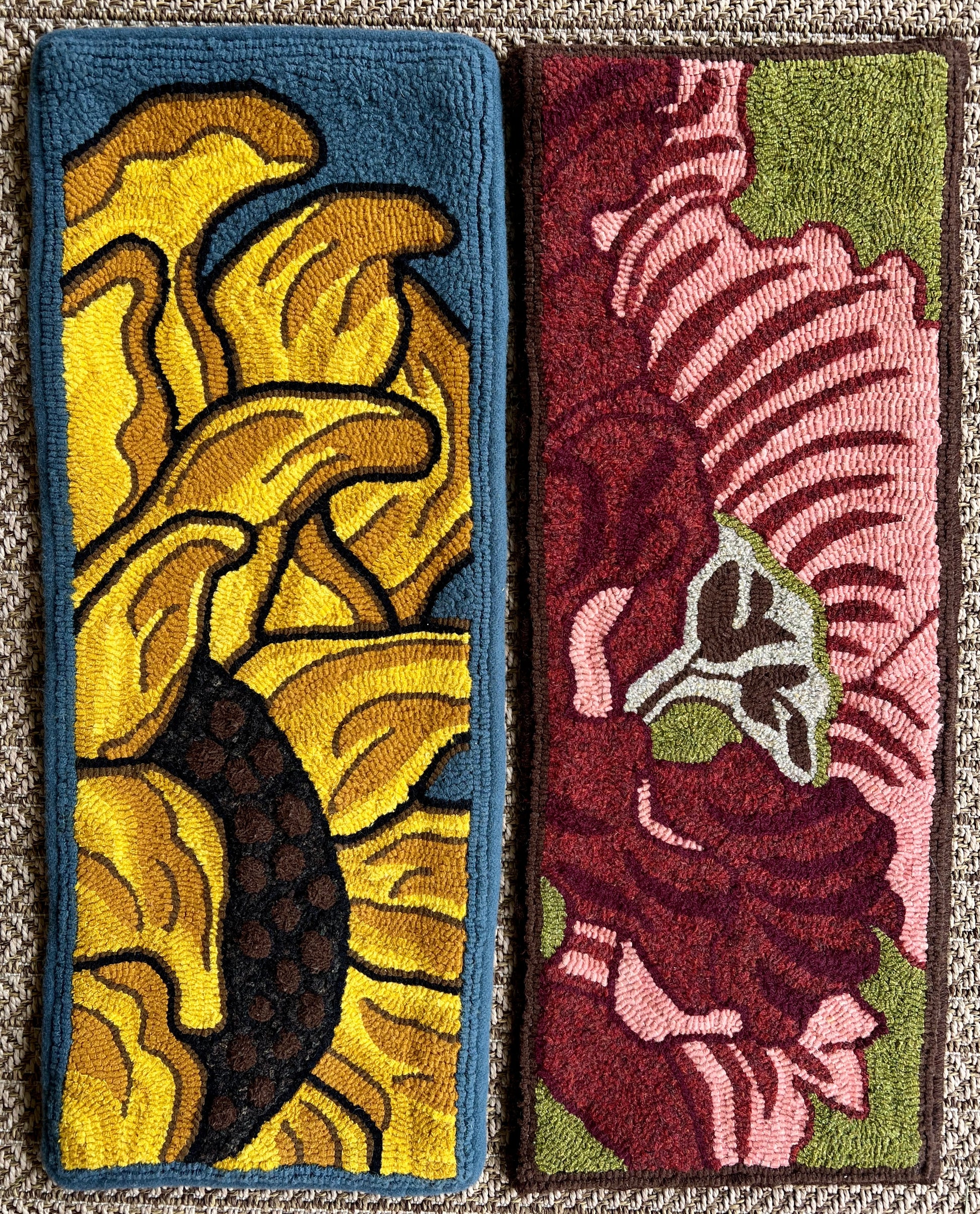 Sunflower- Rug Hooking pattern by Orphaned Wool. This abstract vertical design of a sunflower is the perfect pattern for rug hooking or rug punch. Copyright © 2023 Kelly Kanyok